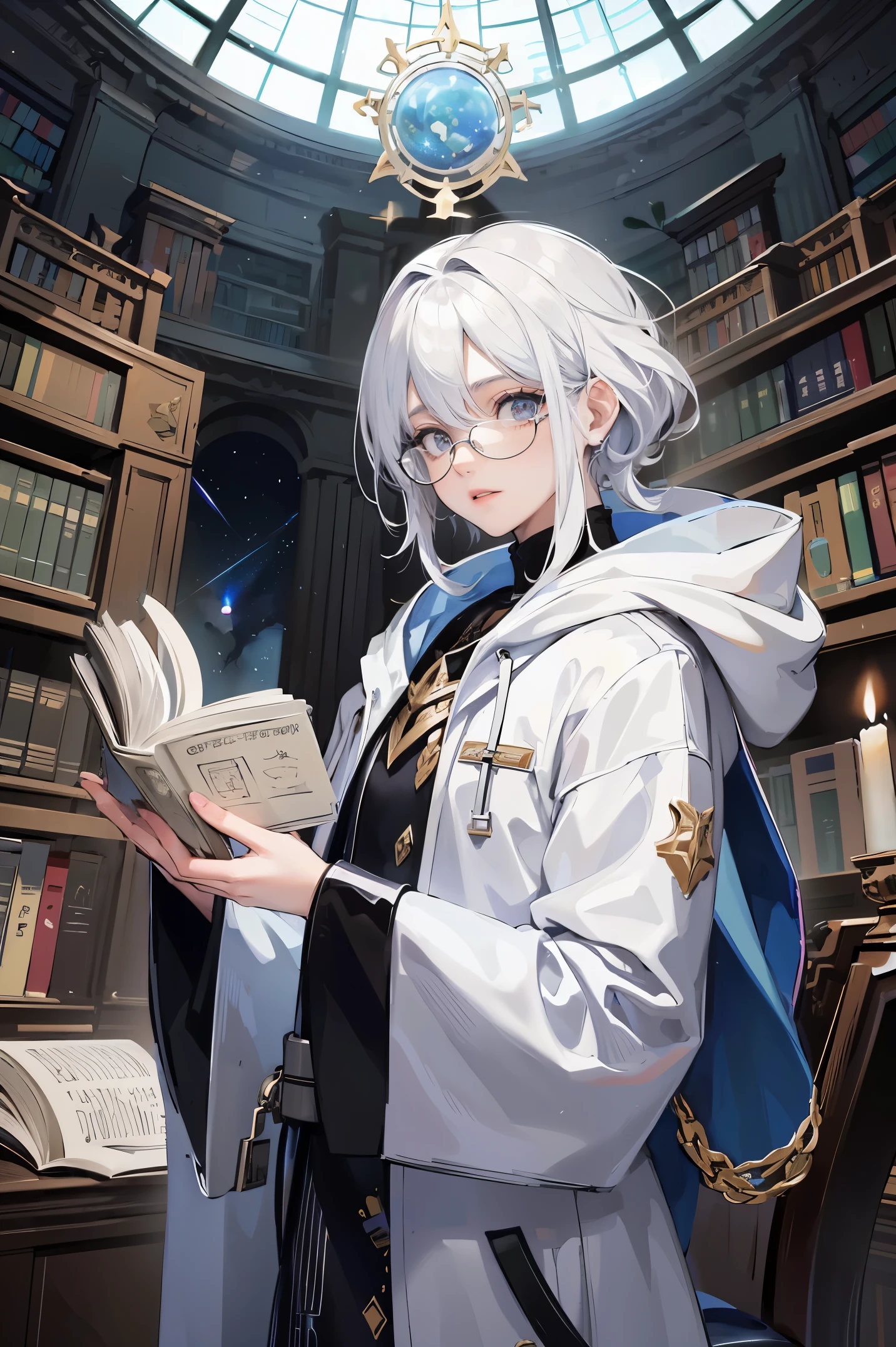 an androgynous hooded boy with long white hair stands inside a large library and holds an open book, the boy is wearing glasses, the library is lit by candles and filled with books stacked on the floor, with a large round window in the background showing the galaxy with a constellation, Perfect lips, symmetrical face, olhos realistas, pele de porcelana, HDR, UHD