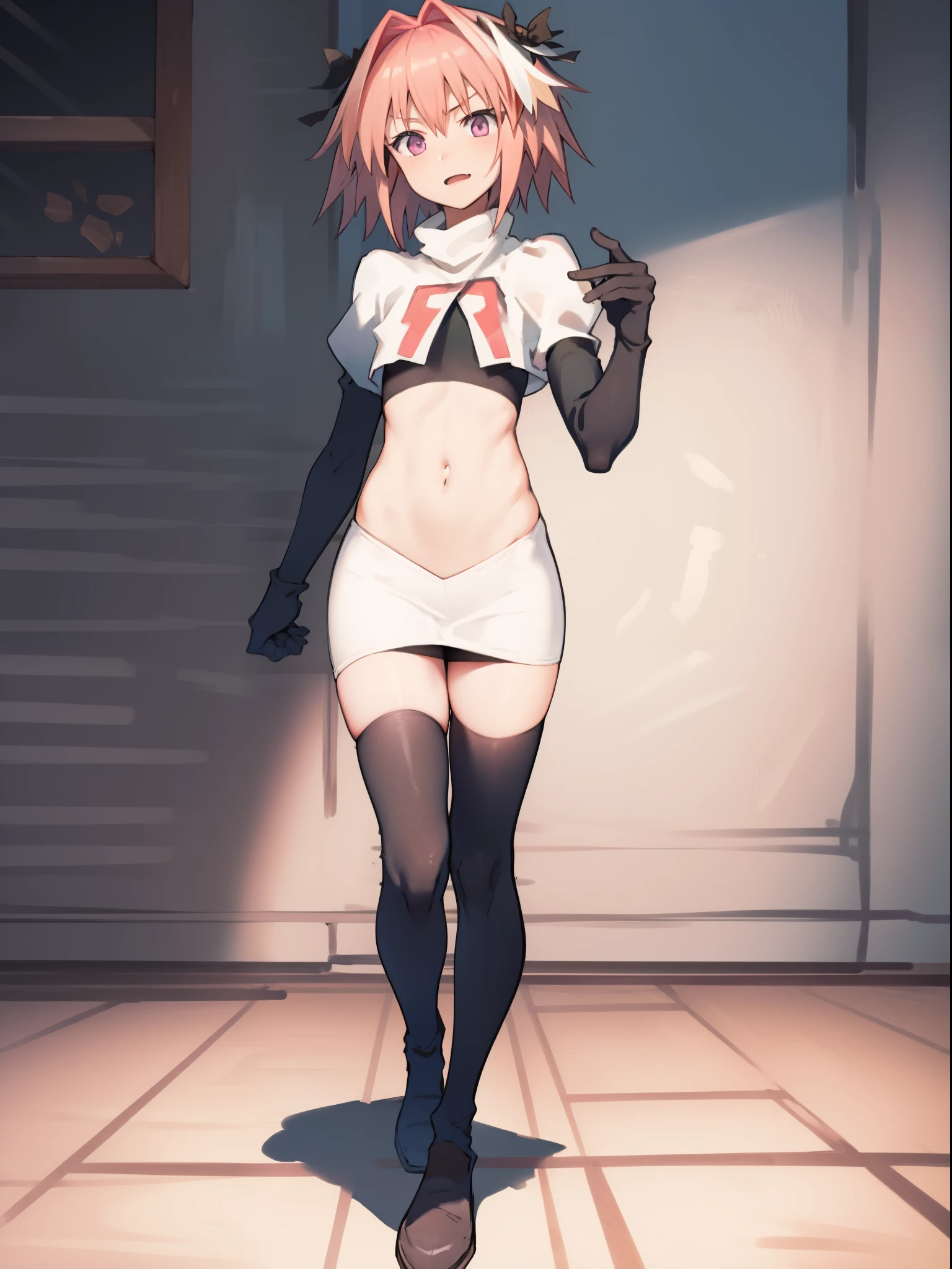 absurdres, masterpiece, best quality, (astolfo fate:1.2155), 1boy, male focus, trap, pink multicolored hair, pink hair, white hair, hair intakes, long hair, pink detailed eyes, crossdressing,1boy, team rocket,team rocket uniform, red letter R, white skirt,white crop top,black thigh-highs,black elbow gloves