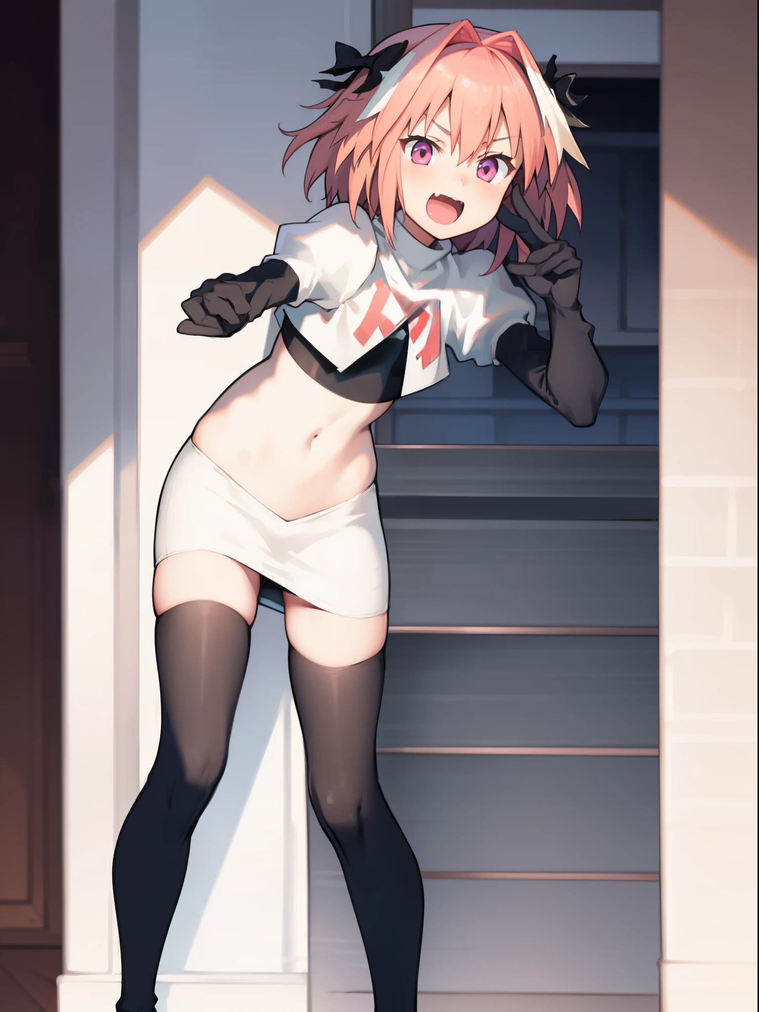 absurdres, masterpiece, best quality, (astolfo fate:1.2155), 1boy, male focus, trap, pink multicolored hair, pink hair, white hair, hair intakes, long hair, pink detailed eyes, crossdressing,1boy, team rocket,team rocket uniform, red letter R, white skirt,white crop top,black thigh-highs,black elbow gloves