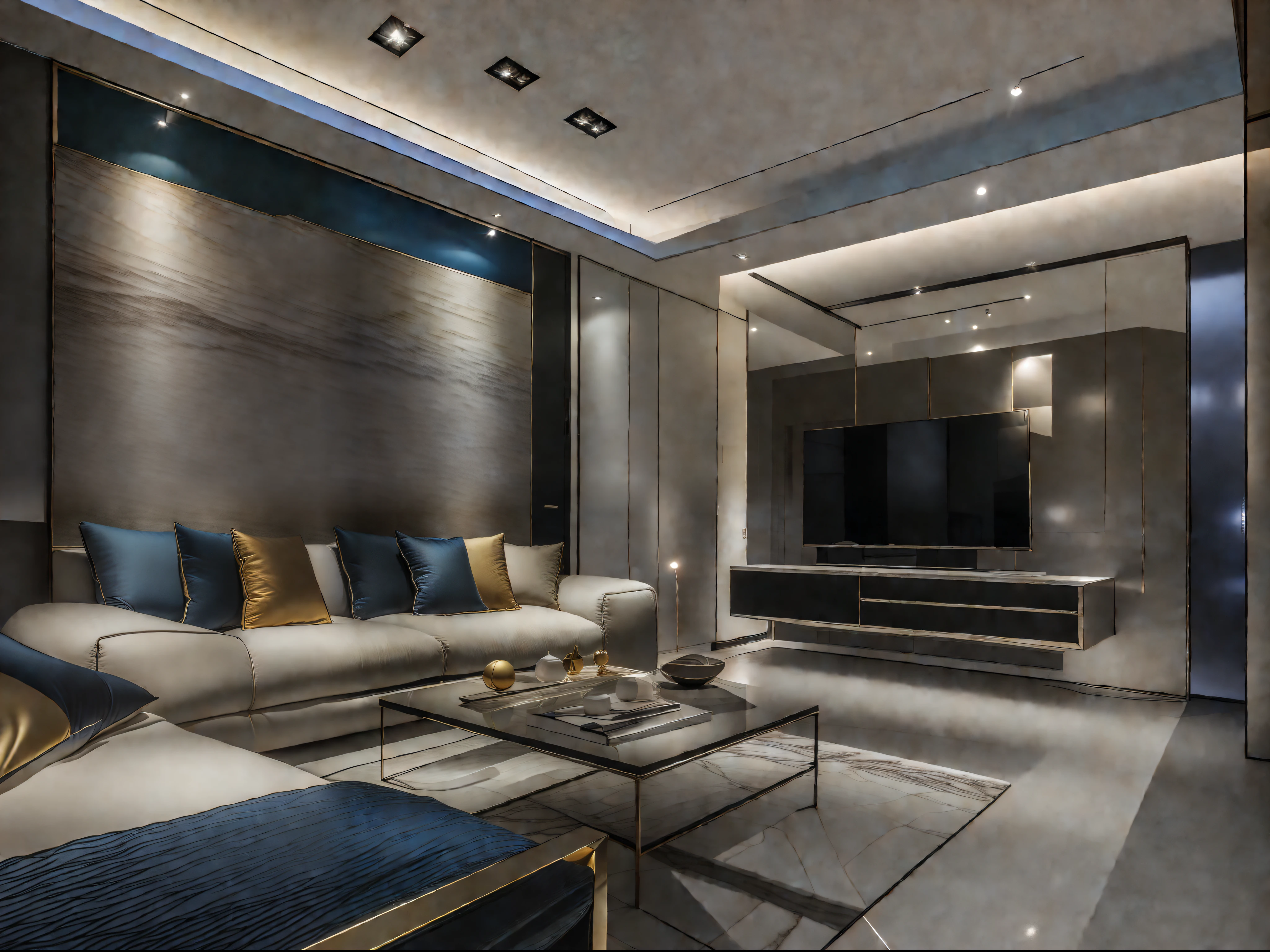 Ultra photo realsisim， tmasterpiece， best qualtiy， ultra - detailed， 超高分辨率， RAW photogr， 8K，
Modern living room，（Fabric sofa），（Fabric pillows），Stone opaque resin panel，Brown and white，posh，Charming lighting style，Light gold and light black，Li Shuxing，A fusion of tradition and modernity，Soft atmospheric light，Hard-edged lines，（janelas），Fabric blinds，blue-sky，1 black TV，Abstract art murals，
 tmasterpiece，Ultra photo realsisim，32K，Extremely detailed CG Unity 8K wallpaper，best qualtiy