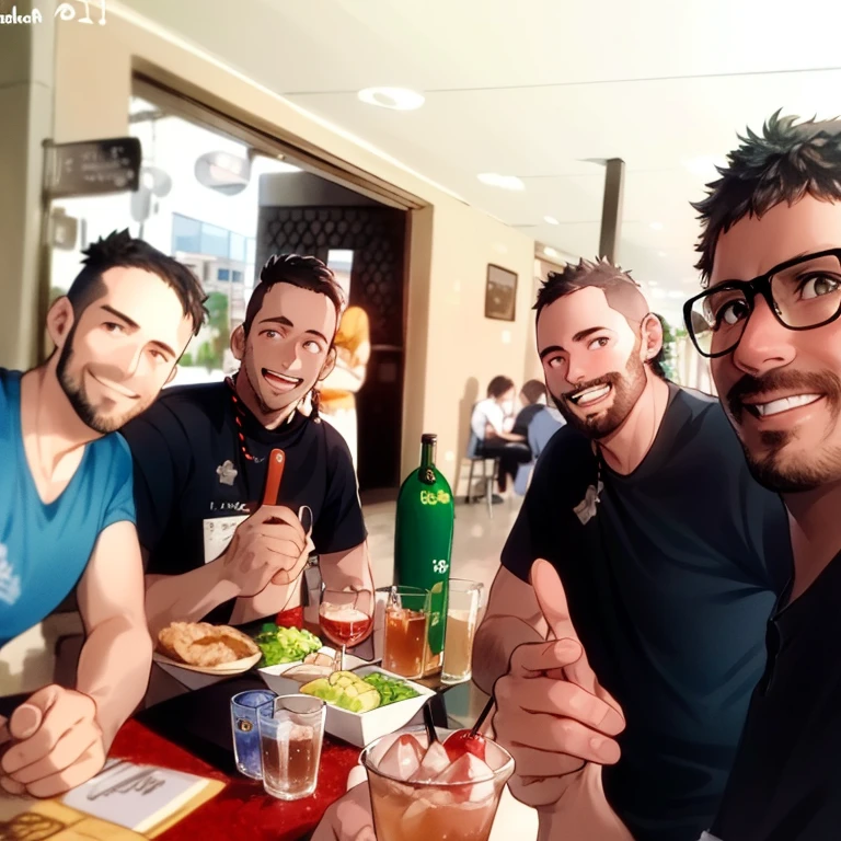 several men sitting at a table with food and drinks, Directed by: Nandor Soldier, Wining, mesa, por Veno Pilon, foto de baixa qualidade, Torne-se profissional, Foto realista, Paulo Pepera Pablo Roldan, no pub, not cropped, lucas graziano, Fotografia tirada em 2 0 2 0, Camilo GC