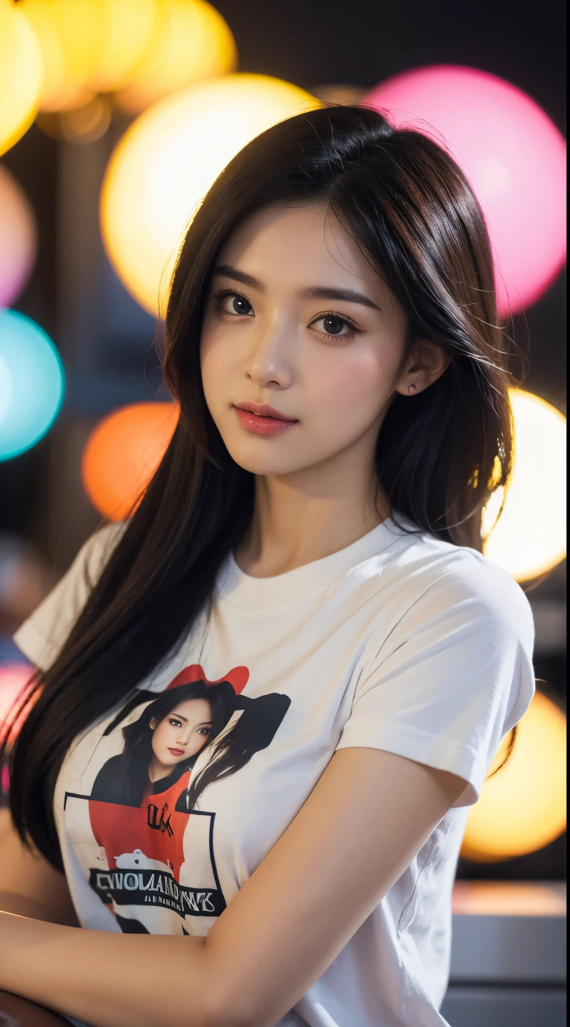 Girl,ultra-detailed,realistic,portraits,(best quality,hd,highres:1.2),(bokeh:1.1),firework,cotton candy,t-shirt,mock-up
