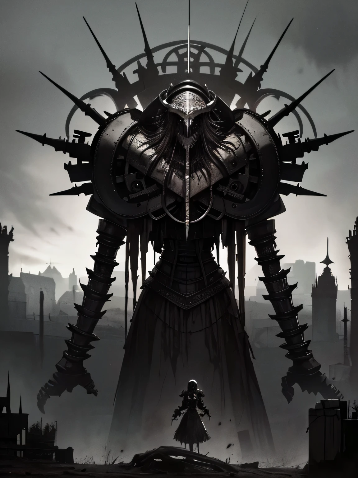 horror art, A gloomy world, Dark Fantasy, Portrait, dark machine gun girl, ((dark brown skin)), sharp white helmet, dark mechanisms, ((massive rings on hands)), (holding a massive needle), a lot of black liquid, Distortion, abandoned world, (Highly detailed abandoned medieval German cityscape), grey mist