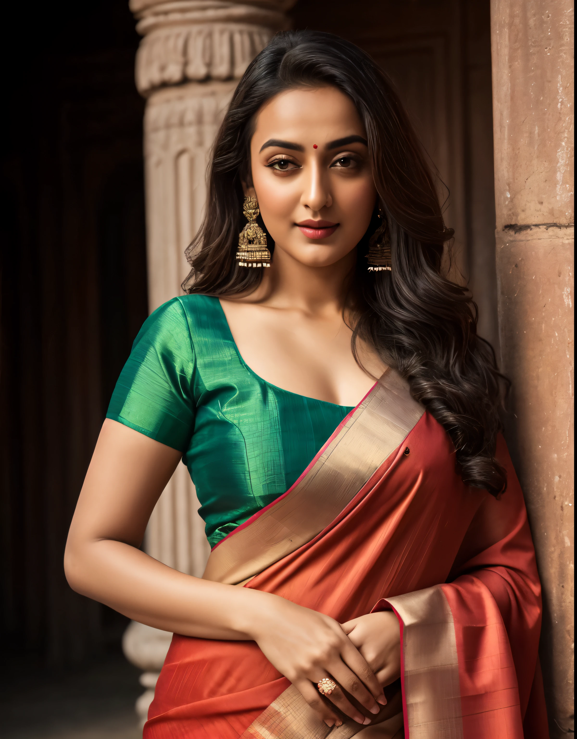 Foto RAW, photorealistic, photography, full body shot, master shot, perfect eyes, goddess like beauty, perfect thick chubby mallu Desi aunty bhabhi, Wearing a Stanapatta, a chest-band.Saree model, model Photography, Indian saree shoot, Indian traditional wear advertising photography, traditional wear brand shoot, face of Indian actress Sonakshi Sinha, masterpiece, realistic, realism, incredible details, pleasure, photorealism, detailed skin, skin pores, high contrast, photorealistic Artstation 8k HD digital art trend of high definition and detailed realistic skin texture, ultra detail, realistic skin texture, armature, best quality, ultra high definition, (photorealistic:1.4),, high resolution, detail, raw photo, Re sharp, by Lee Jefferies Nikon D850 Film Stock Photo 4 Kodak Portra 400 Camera F1.6 Lens Rich Color Ultra Real Realistic Realistic Textures Dramatic Lighting Unreal Engine Trending at Art Station Cinestill 800,(pele altamente detalhada: 1.2), 8k UHD, DSLR, soft-lighting, alta qualidade, grain of film, Fujifilm XT3,she didn't like to wear blouse or bra, she happy to wear only saree, she hates blouse or bra, detailed hairy armpits,
