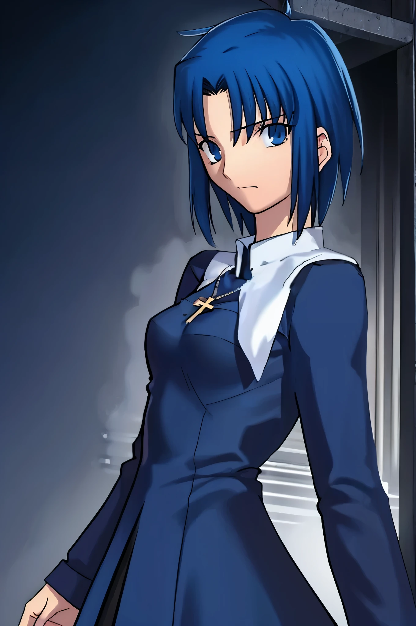 ciel_(tsukihime), Best quality high resolution, cowboy shot, 1girl, solo, long sleeves black dress, habit open, sad, looking at viewer, antenna hair, (ahoge:1), closed mouth, fingernails, breasts, medium breasts, cross, latin cross, cross, holding, necklace, nun,