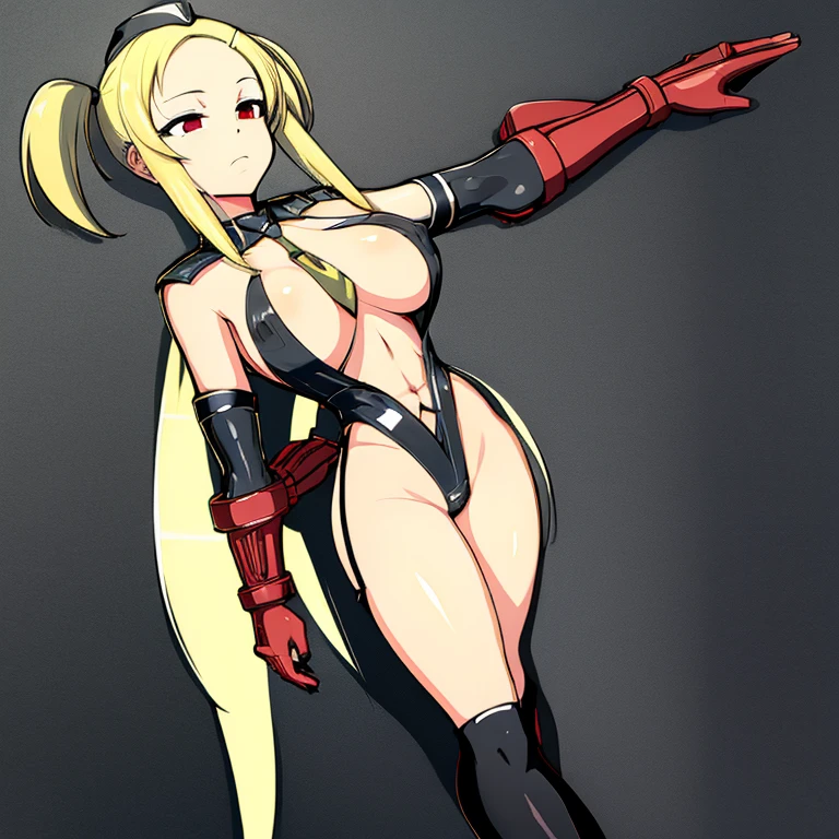 ultra-detailed, Explicit, Beautiful body, Beautiful Nose, Beautiful character design, perfect eyes, perfect face, ultra highres, 4K, beautiful legs, perfect legs, Nice hands, Perfect hand, Masterpiece, Best Quality, Highly detailed, illustration, absurdres, street fighter, doll suit, shadaloo doll, dollsuit, girls, multiple girls, expressionless, blank eyes, looking at viewer, red gloves, emotionless, black latex, corrution, mind control, female combatant, full body, hypnotized, unhappy trance, full body suit, ribbed bodysuit, both arms at side, obey, perfect female body, extremely glossy latex, hypnosis, hypnoLora, empty eyes, Mind control device, poses, submissive_pose, Slave, hat, necktie, stand up straight, standing, standing at attention, hat, necktie, belt, latex, ribbed bodysuit, brown hair, thighhighs, garter belt, Fighting Stance, extending the right arm from the shoulder into the air with a straightened hand, nazi saluting, military, military saluting, salute, thigh boots, Shiki, senran Kagura, blonde hair, red eyes, long hair