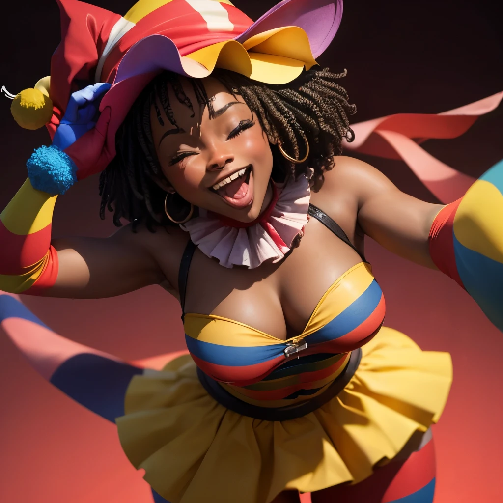 (Ebony), clown, (eyes closed), laughing with tongue out, sexy, thicc
