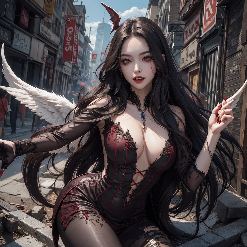 beautiful vampire girl, portrait, (full body), sexy, with angelic face, (detailed facial features), with long hair, sculpted body, exquisite dress, blood flows from her fangs, post-apocalyptic city