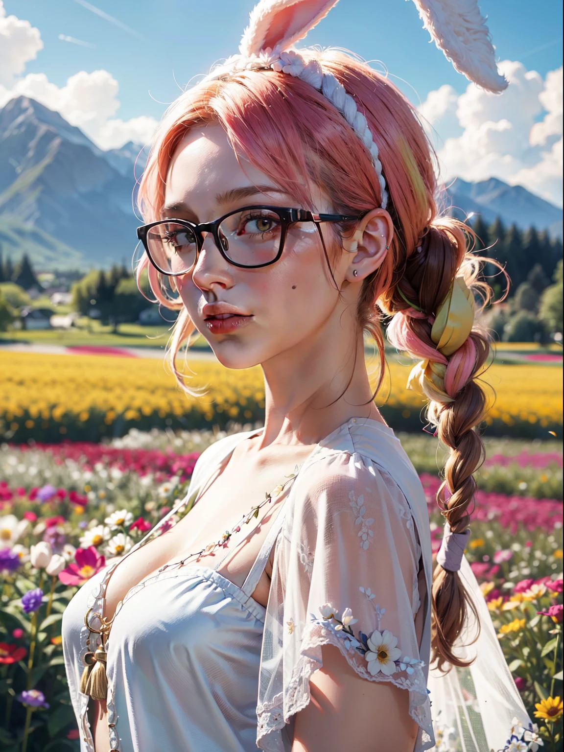 1girl, dynamic angle, cloud and mountain, (flower field:1.4) in the foreground, white dress, light tracing, (floating colorful wind:1)
(photorealistic:1.4), official art, unity 8k wallpaper, ultra detailed, beautiful and aesthetic, masterpiece,best quality, glowing skin, cinematic lighting, light smile,beautiful woman, bunny ears,.yellow eyes,.pastel pink hair, plaits, juicy lips, shiny skin, glasses