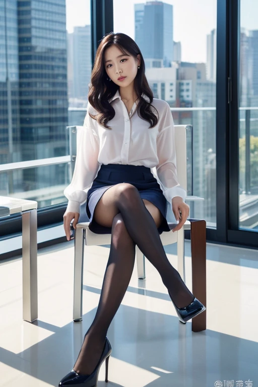 Pure Japanese young girl, outstanding body, beautiful legs, wearing formal business suits, (pantyhose), high heels, vivid makeup and lips, thick eyebrows, formal black hair styles, lift up skirt, spread wide legs, sexual smile, lewd temptation to sex, professional porn portrait photography, sitting in nobody’s Sunday office, summer light, 