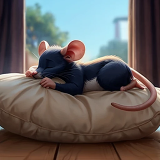 Small anthropomorphic mouse sleeping on their side, their back to the viewer