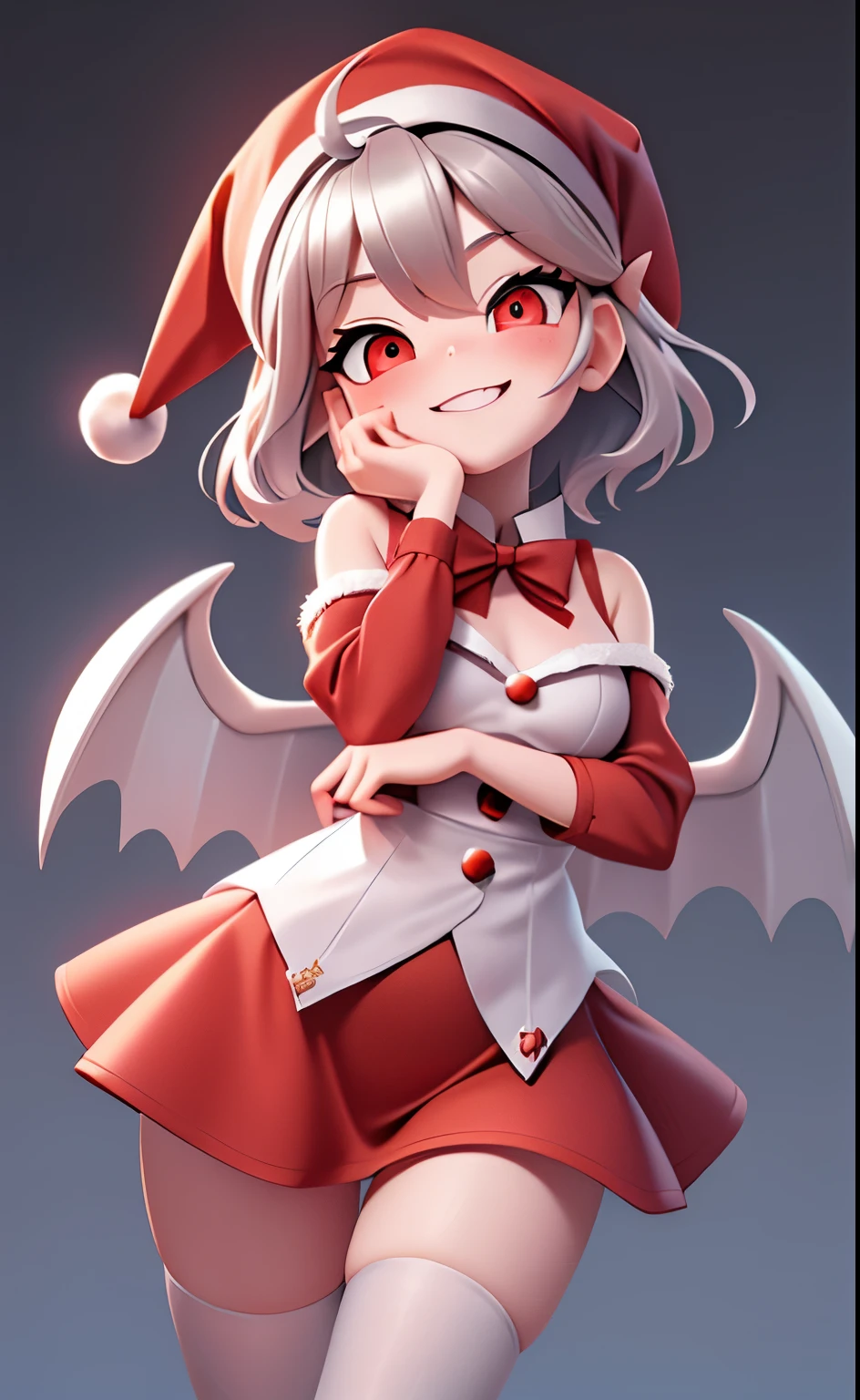 Pixar, 1girl in, Devilish appearance, (short silver hair:1.5), Eyes are red, Reaching out:1.5, blush, (Ahoge:1.2), eyes gentle, (A smile:1.2), Hair Bow, (Black devil wings and tail grow:1.3), Black sheep horns grow, (Red Santa Dresses:1.3), (Santa Hat:1.3), 独奏, Bangs, femele, Upper body