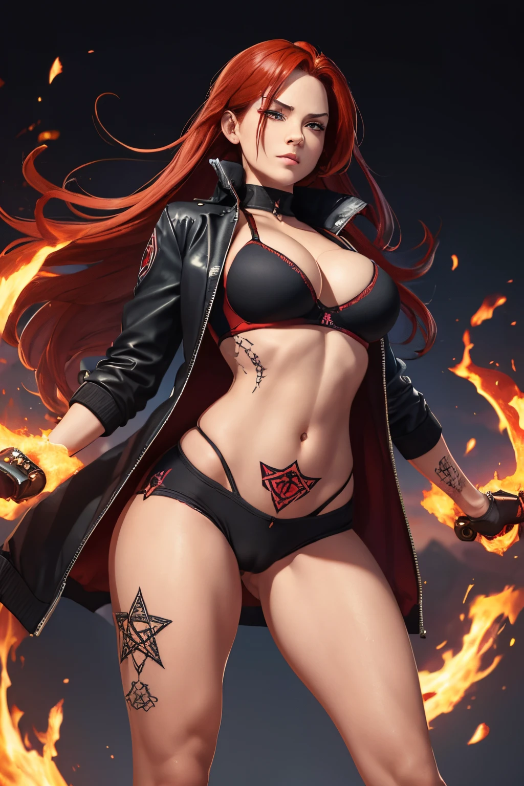 (8k resolution), solo, (4k HD), (masterpiece:1.4), (detailed background), detailed face and eyes, woman with long fire red hair, tough and delinquent woman, wearing black jeans and a red sport bra, very sexy body, arrogant smile, (she wears an open black jacket showing the sport bra underneath), bright colors, (scars all over the body:1.2), (gigantic heavy breasts), (cameltoe:1.3), (underboobs), fit stomach, (pentagram womb tattoos).