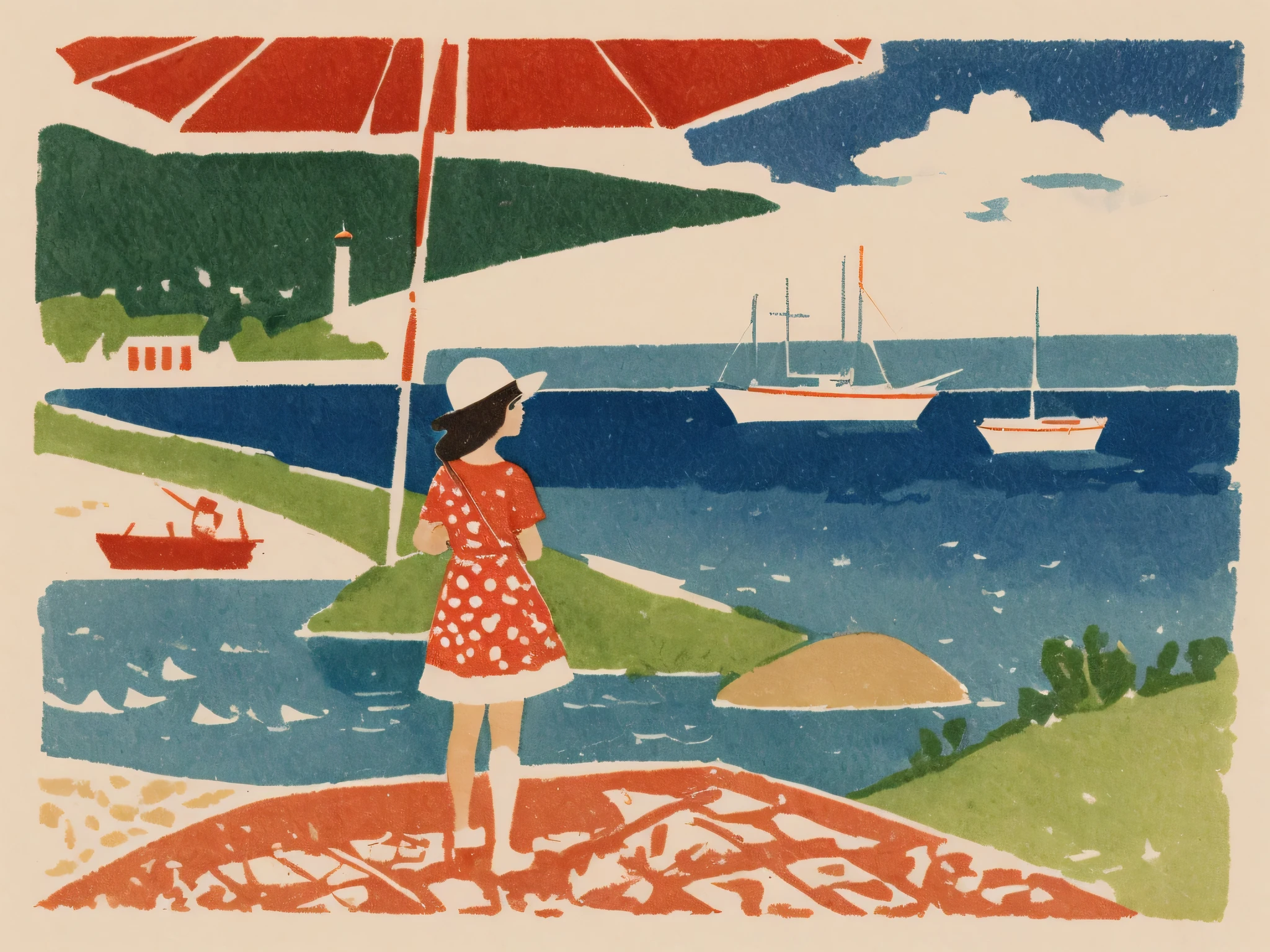 A girl holding and standing under her open red umbrella on a rainy day in an English seaside town. Sea view, boats, hills, islands, lighthouse, masterpiece, linocut, highly detailed, lovely composition, FML, watercolor, landscapes, nature, outdoors, art, style