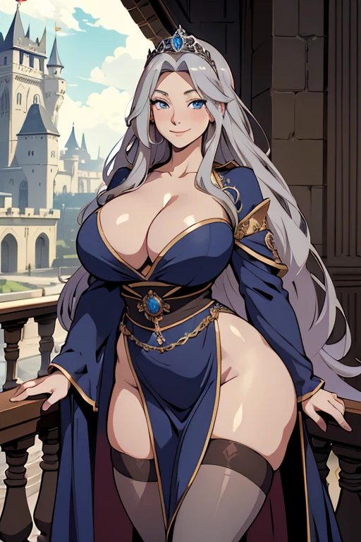 highres, masterpiece, huge breasts, thick thighs, wide hips, thighhighs, robe, royal robe, (pelvic curtain), blue eyes, long hair, seductive smile, tiara, gray hair, balcony, castle in background, (v-neck)