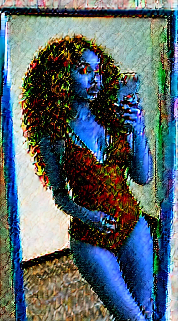 darkskin ebony 1girl, mirror selfie photo with phone full body shot bikini hyper realistic curly long black hair mirror photos 8k ultra hd