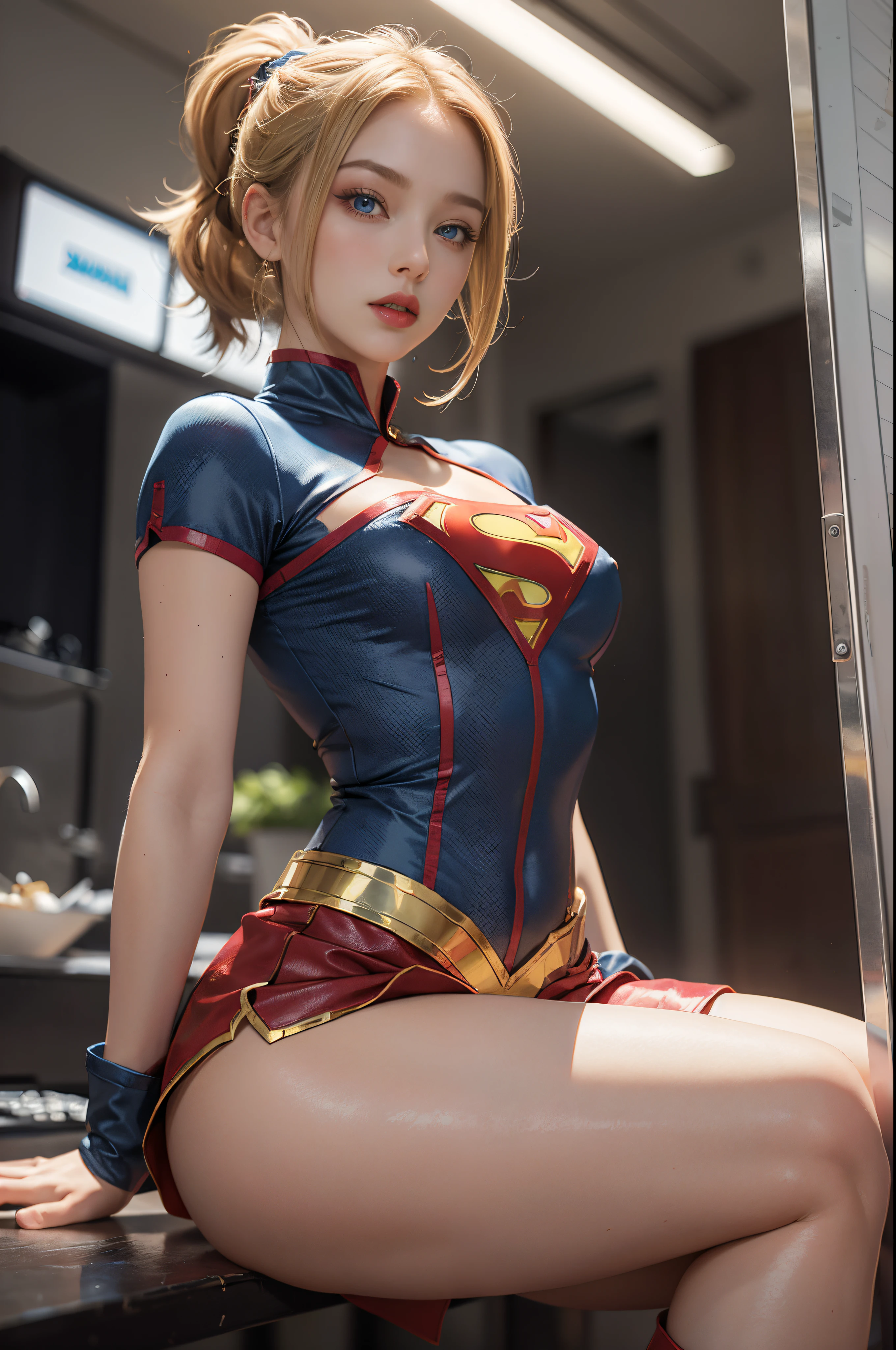 4k, realistic, charismatic, very detailed, there is a girl in the sky, dressed in a super girl costume, she is a super girl, superhero theme, blonde short hair, ponytail, 20 years, full body, (detail in the eyes), (detail in the face), incredibly beautiful, blue eyes, blush, makeup, red lipstick, miniskirt, (wide hips),  (thick thighs), small breasts, dress,, seductive pose, (extreme hourglass figure), thin, svelte, white skirt, boots, tight t-shirt