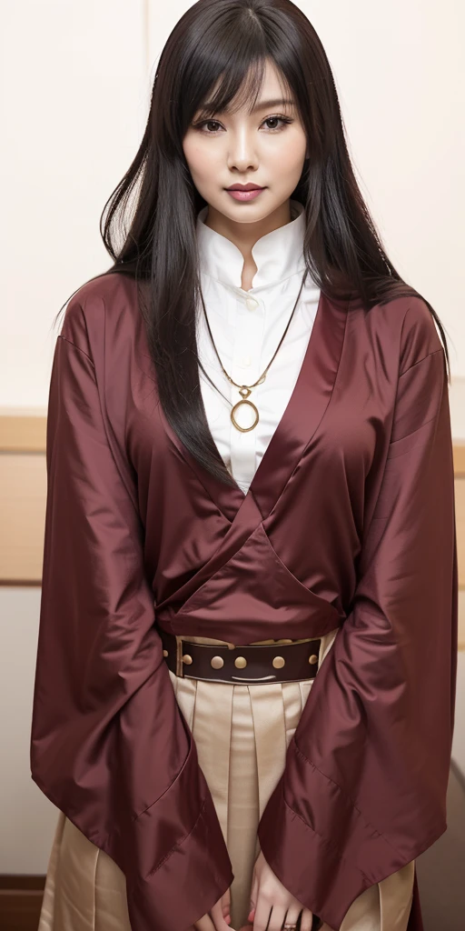 a close up of a person wearing a red shirt and a brown skirt, ((wearing aristocrat robe)), delicate androgynous prince, maya fey from ace attorney, detective clothes, as an anime character, anya from spy x family, nico robin, inspired by Tomioka Tessai, main character, beautiful androgynous prince, inspired by Hisui Sugiura