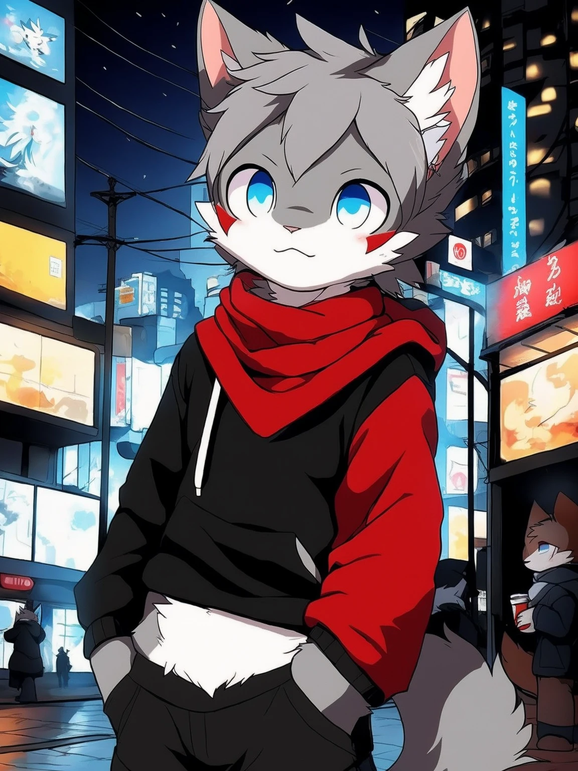 Highest image quality,Delicate painting style,Delicate hook lines,tmasterpiece,Fine fine skin,Delicate hair,Complete painting,A masterpiece,Delicate handinely-detailed eyes,Normal eyes,Author Zachary 911, (Coffee soda:1.1), Hioshiru, zackarry911, Humanity, male people, 独奏, garments, 2022, Outfit in black, hoody, Black top, black hoodie, Cyberpunk city setting,Red scarf,winter background,Gray cat ears,Gray hair,adolable,Handsome,((White scarf)),Cat style,Shota,cyber punk perssonage, Blue pupil, city night scene, Gray hair, By bangs,Dappled light and shadow, short detailed hair,ember,There are bright eyes of God, 城市,New Year,snowflower