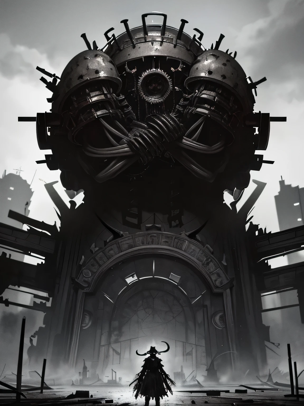 horror art, A gloomy world, Dark Fantasy, Portrait, dark machine gun girl, ((dark brown skin)), sharp white helmet, dark mechanisms, ((massive rings on hands)), (holding a massive needle), a lot of black liquid, Distortion, abandoned world, (Highly detailed abandoned Chinese German cityscape), grey mist