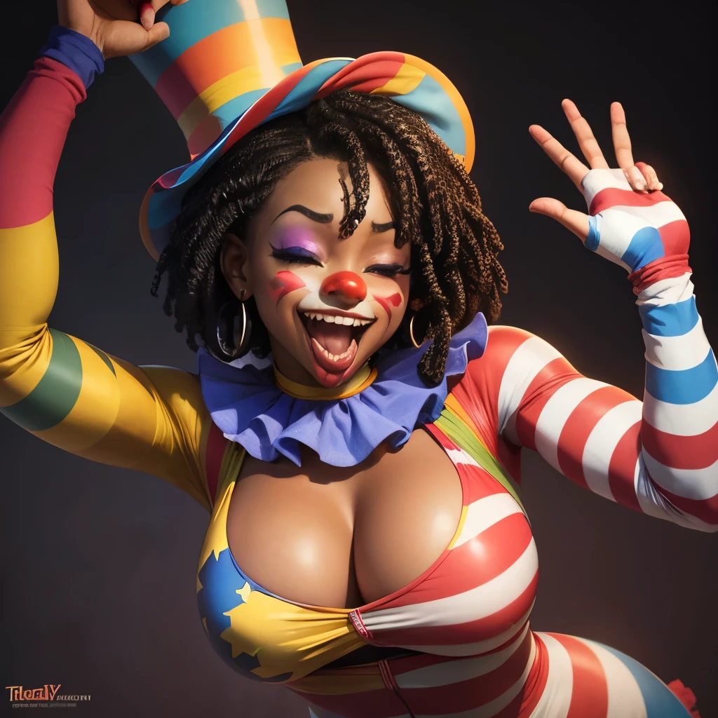 (Ebony), clown, (eyes closed), laughing with tongue out, sexy, thicc, circus