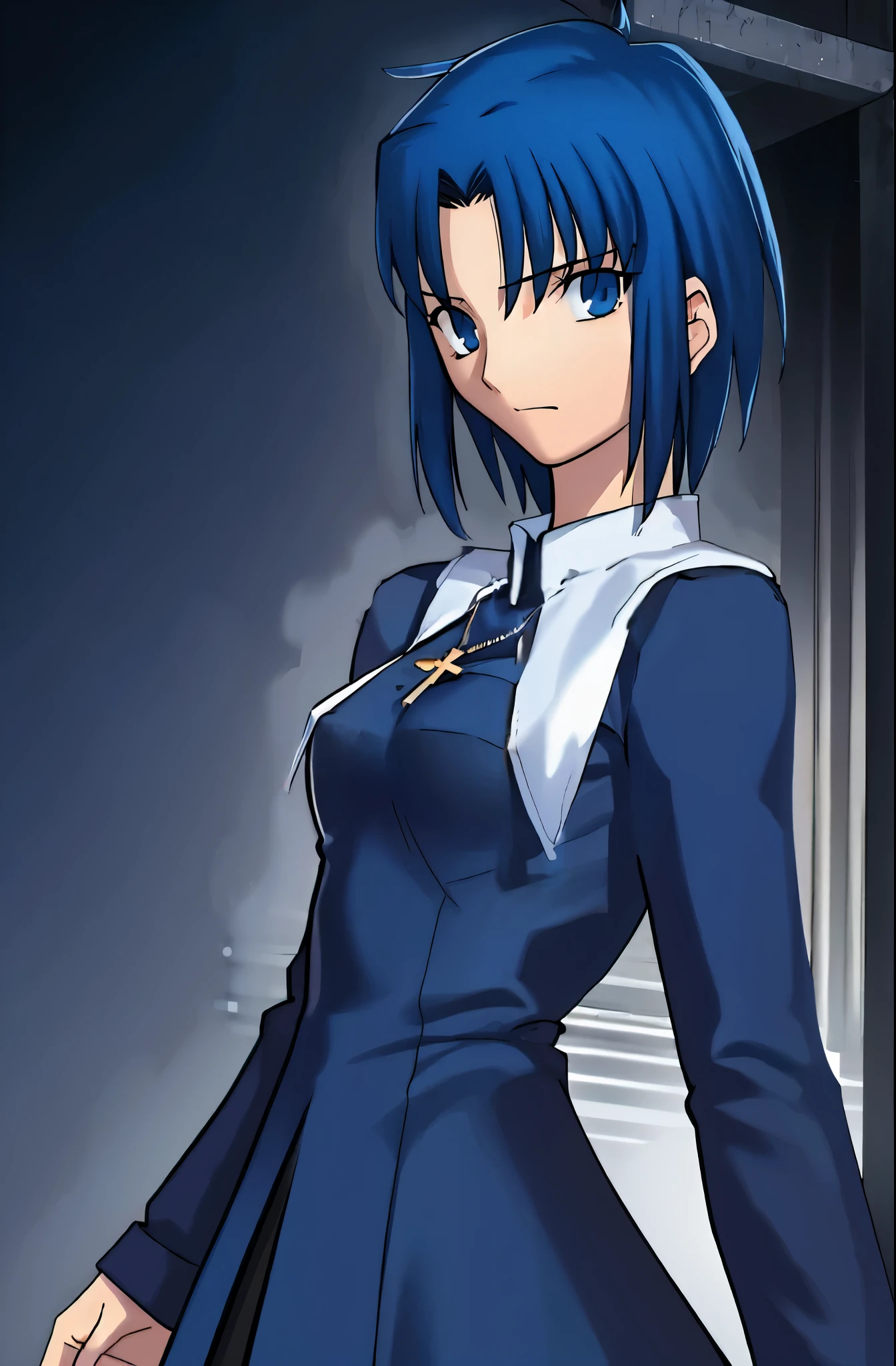 ciel_(tsukihime), Best quality high resolution, cowboy shot, 1girl, solo, long sleeves black dress, habit open, sad, looking at viewer, antenna hair, (ahoge:1), closed mouth, fingernails, breasts, medium breasts, cross, latin cross, cross, holding, necklace, nun,