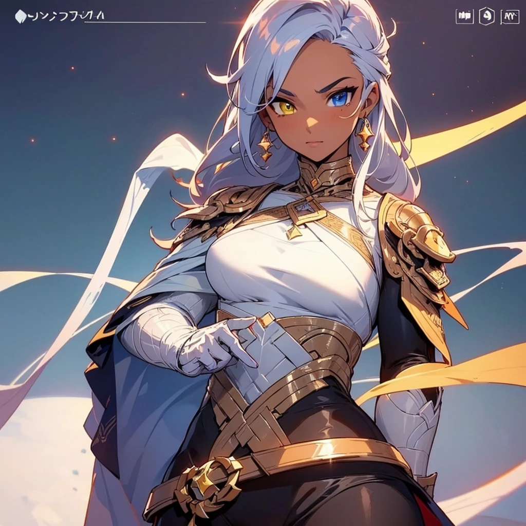(((masterpiece))), (((best quality))), ((8k)), ((ultradated)), (1 dark-skinned human female: 1.2), (white hair 1.3), (( (Heterochromia, in the eyes, red and yellow: 1.2))),(((Official art, masterpiece, ultra-detailed))), (((best quality: 1.2, intricate details, ultra-detailed) high: 1.2))), (sexy body 1.1), latex suit, cleavage, custom style, model photo, starry sky, moon, cinematic shot, natural light, light particles,