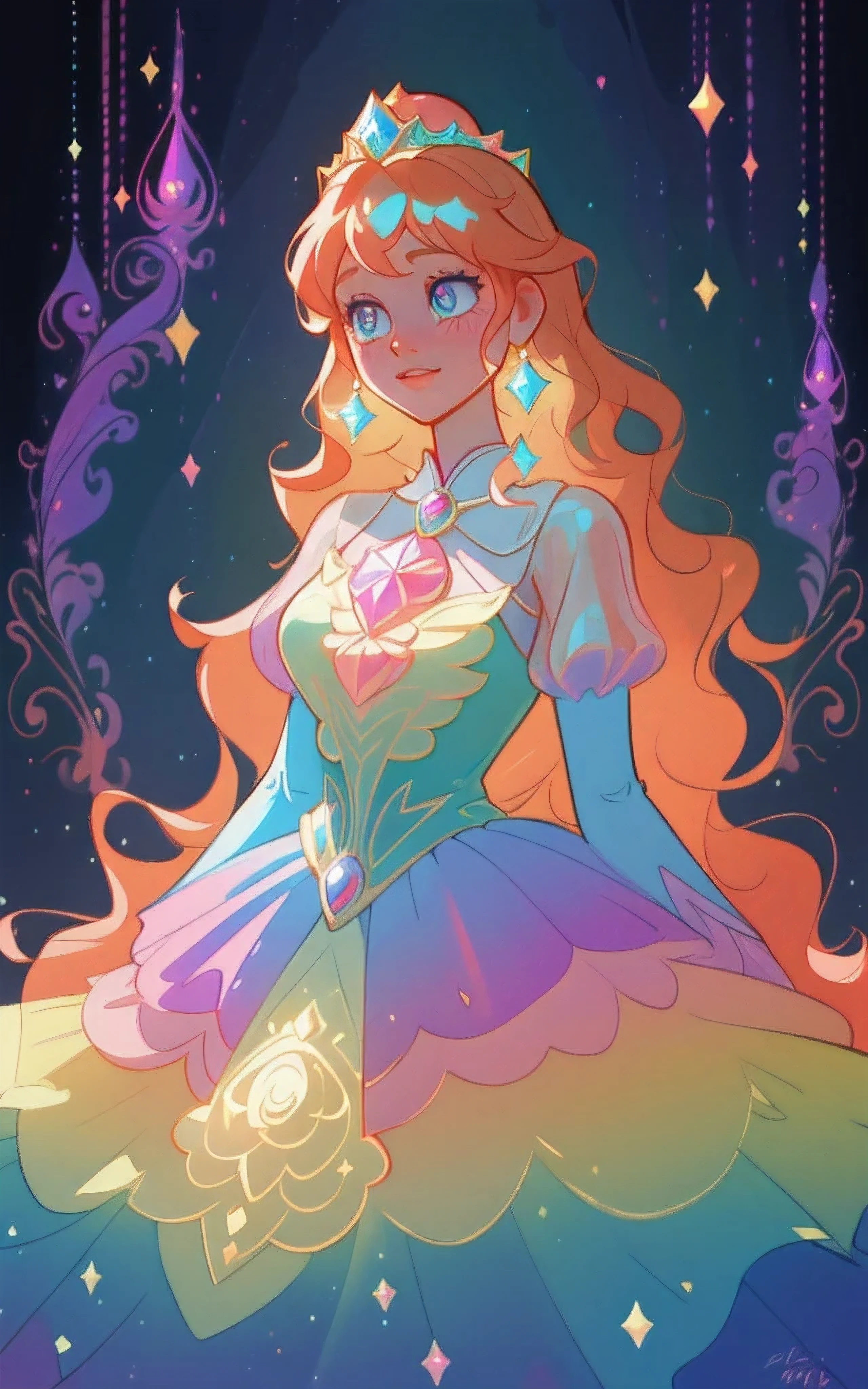 A BEAUTY, A STRAWBERRY BLONDE PRINCESS A beautiful girl, puffy tiered rainbow ballgown, princess, intricate dress design, vibrant pastel colors, (colorful), long wavy hair, magical lights, sparkling magical liquid, inspired by Glen Keane, inspired by Lois van Baarle, disney art style, by Lois van Baarle, glowing aura around her, by Glen Keane, jen bartel, glowing lights! digital painting, flowing glowing hair, glowing flowing hair, beautiful digital illustration, fantasia background, whimsical, magical, fantasy, ((masterpiece, best quality)), intricate details, highly detailed, sharp focus, 8k resolution, sparkling detailed eyes, liquid watercolor 88K