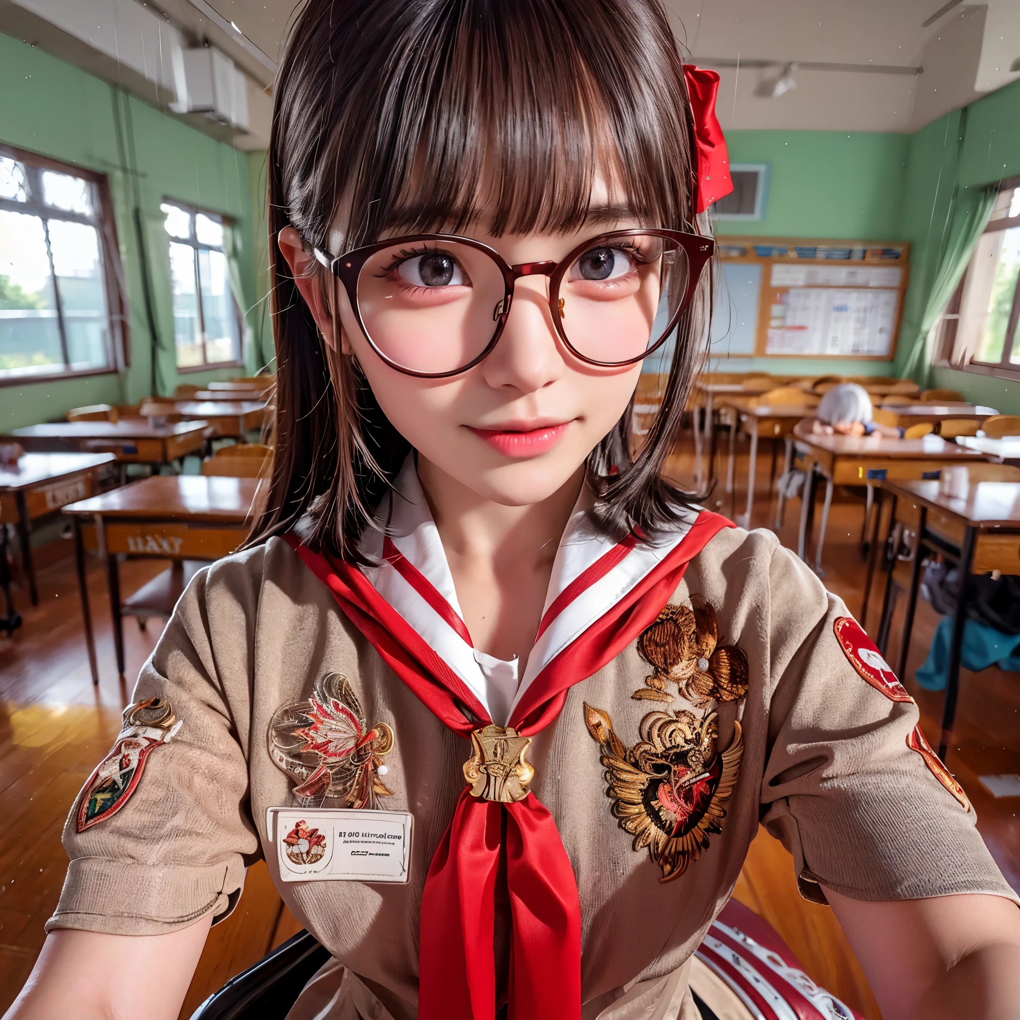 POV left hand Selfie ,Side, Indonesian girl 13 year old, gigantic breast, short ponytail hair style, round face, detailed face, shiny glasses, wearing Scout outfit, red white tie, brown mini skirt , pantyhose, shoes school, uniform embroidered brown name tag "Vivi " wearing black school bag , standing in classroom, hyperdetail, 8k, masterpiece, lens glare, sharp eyes, masterpiece, best quality:1.2),,(8k,highres,RAW photo,realistic,photo-realistic:1.3),(detailed skin texture,detailed cloth texture,beautiful detailed face:1.25),professional lighting,photon mapping,beautiful soft light,radiosity,physically-based rendering,raytracing, model shoot style, model shoot style, (extremely detailed CG unity 8k wallpaper), full shot body photo of the most beautiful artwork in the world,