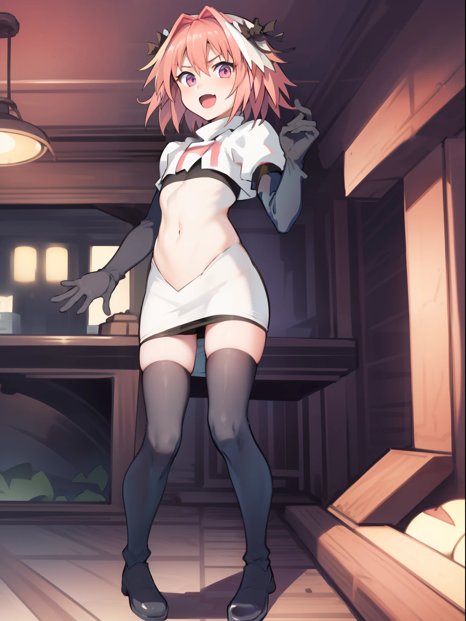 absurdres, masterpiece, best quality, (astolfo fate:1.2155), 1boy, male focus, trap, pink multicolored hair, pink hair, white hair, hair intakes, long hair, pink detailed eyes, crossdressing,1boy, team rocket,team rocket uniform, red letter R, white skirt,white crop top,black thigh-highs,black elbow gloves