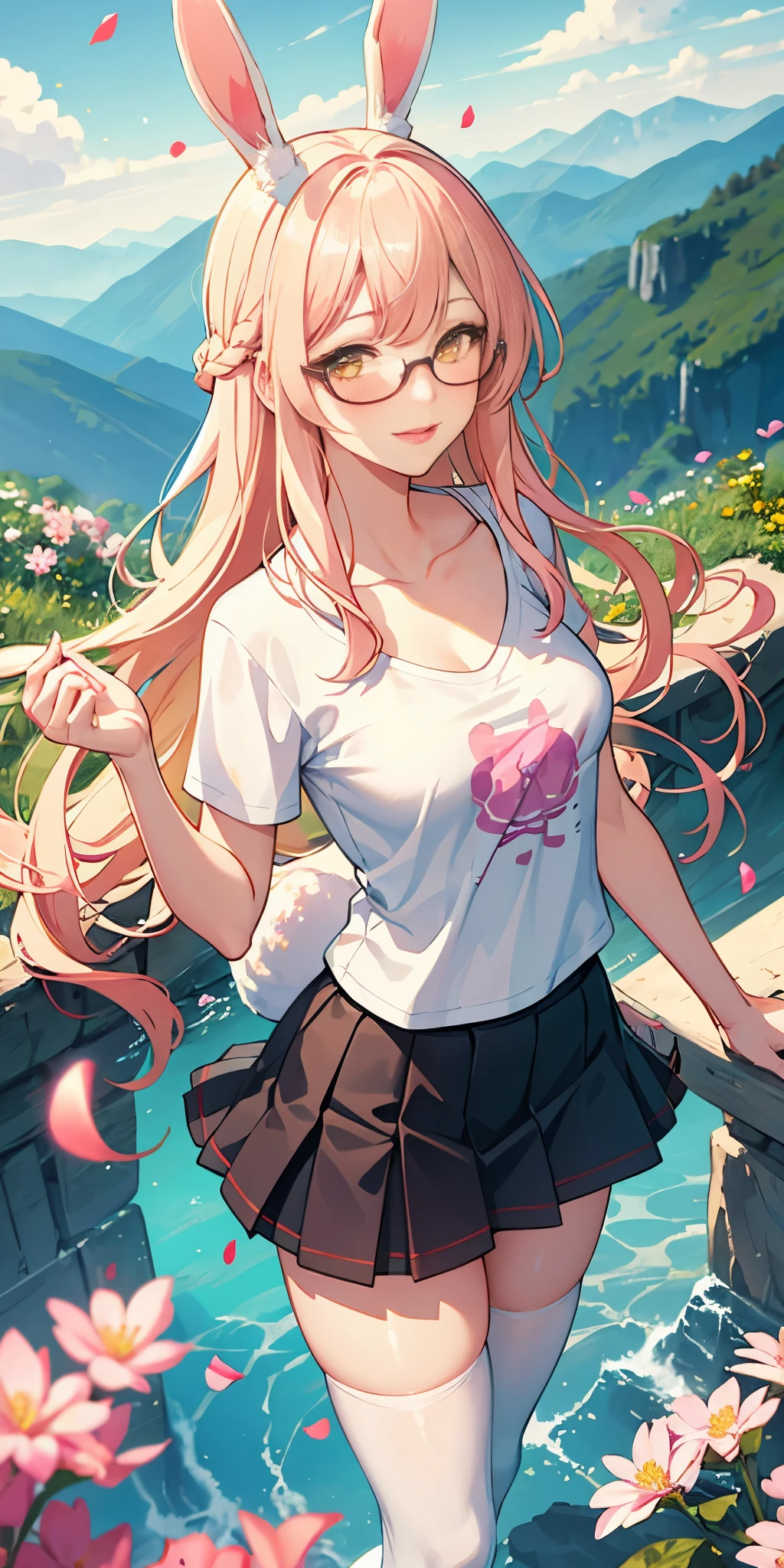 1girl, , t-shirt, skirt, thighhighs, flower, petals, light smile,medium breasts, collarbone, depth of field, petals, (illustration:1.1), landscape, background, abstract, mountainous horizon, cloud, sun,beautiful woman, bunny ears,.yellow eyes,.pastel pink hair, plaits, juicy lips, shiny skin, glasses