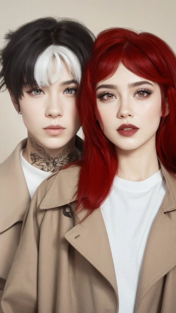 Una pareja posando a la camara, el chico es de cabello negro con mechas blancas en la frente, pale-skin, ojo negro y el derecho morado con un tatuaje en el cuello; la chica es de piel blanca, cabello rojizo, amber eyes and intense black makeup, cara fina y labios brillantes y rojos, maquillaje notorio, contorno, sombras