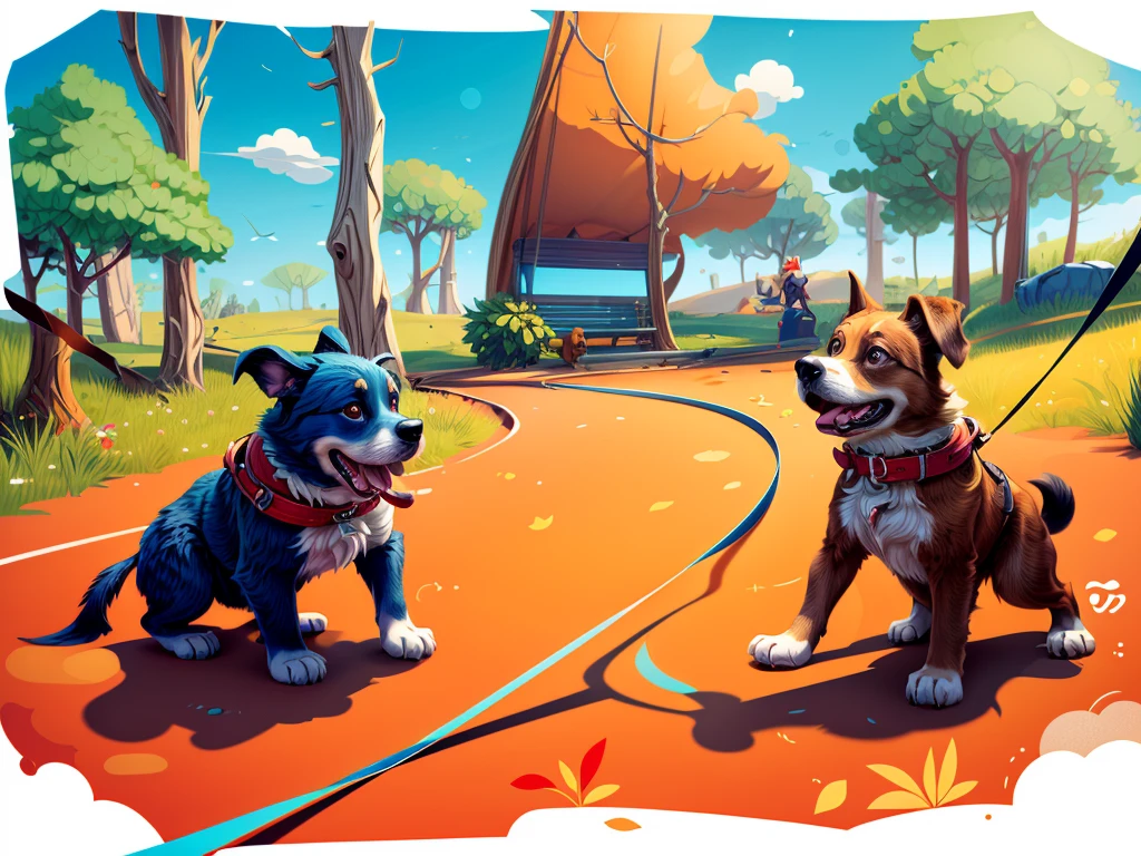 cartoon drawing of two dogs on a leash in a park, animated disney movie inking, published concept art, stylized linework, whole page illustration, by Istvan Banyai, concept art for a video game, by Maksimilijan Vanka, colorkey scene, cartoon concept art