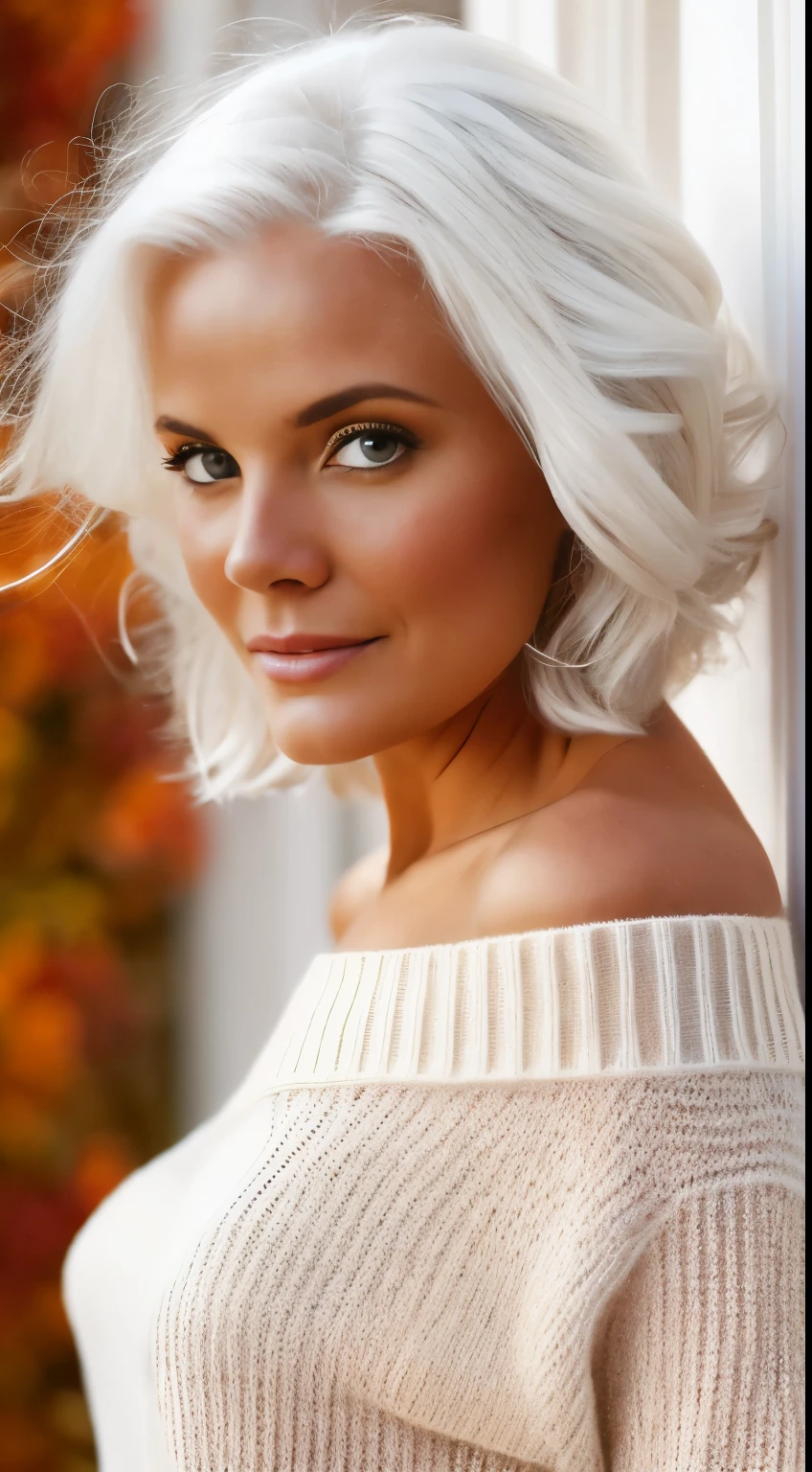 Medium Shot Shot, A beautiful woman looks at the camera, White hair, Chris Foss autumn off-the-shoulder sweater, nude, nipple