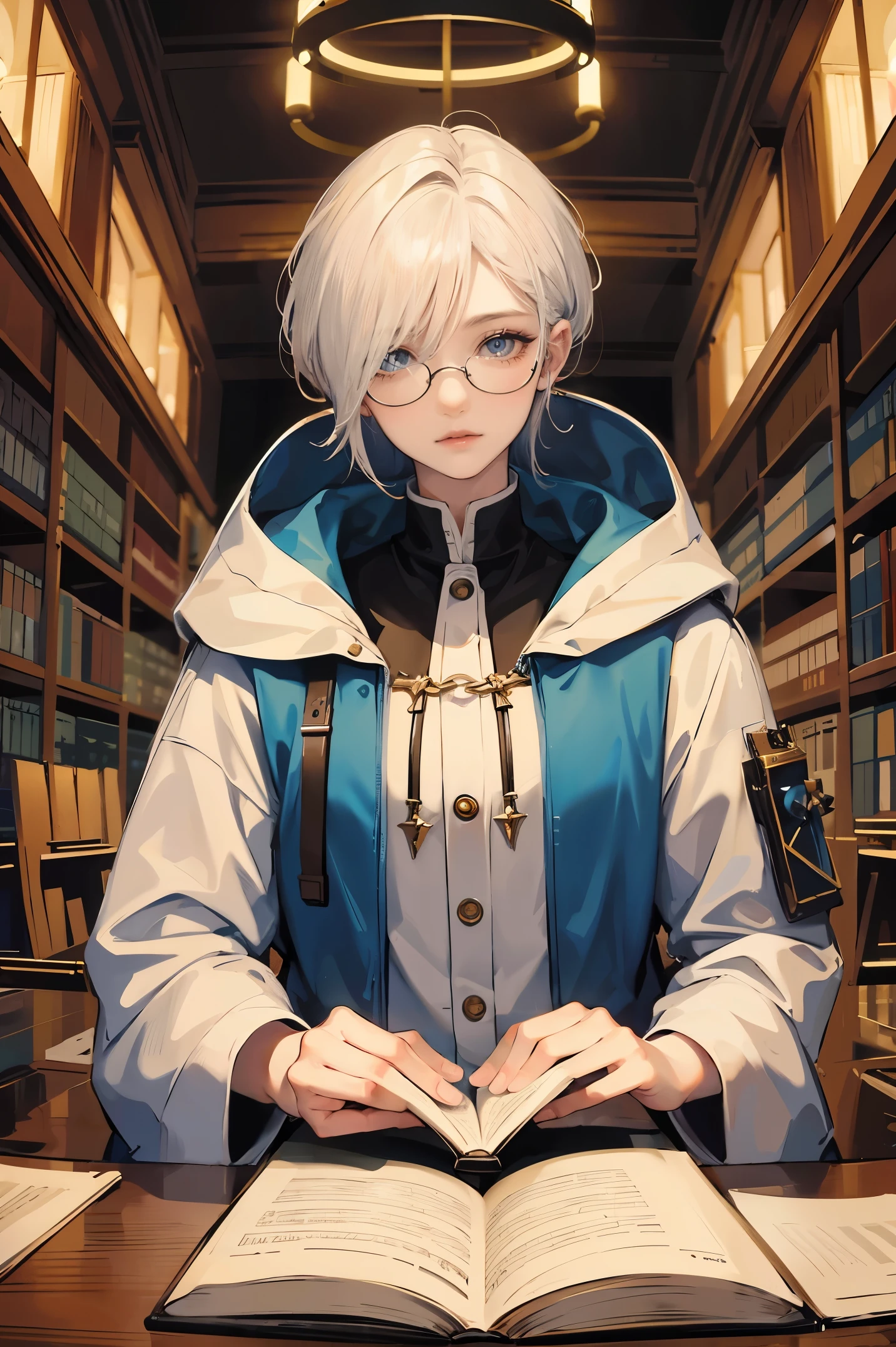 an androgynous hooded boy with long white hair stands inside a large library and holds an open book, the boy is wearing glasses, the library is lit by candles and filled with books stacked on the floor, with a large round window in the background showing the galaxy with a constellation, Perfect lips, symmetrical face, olhos realistas, pele de porcelana, HDR, UHD