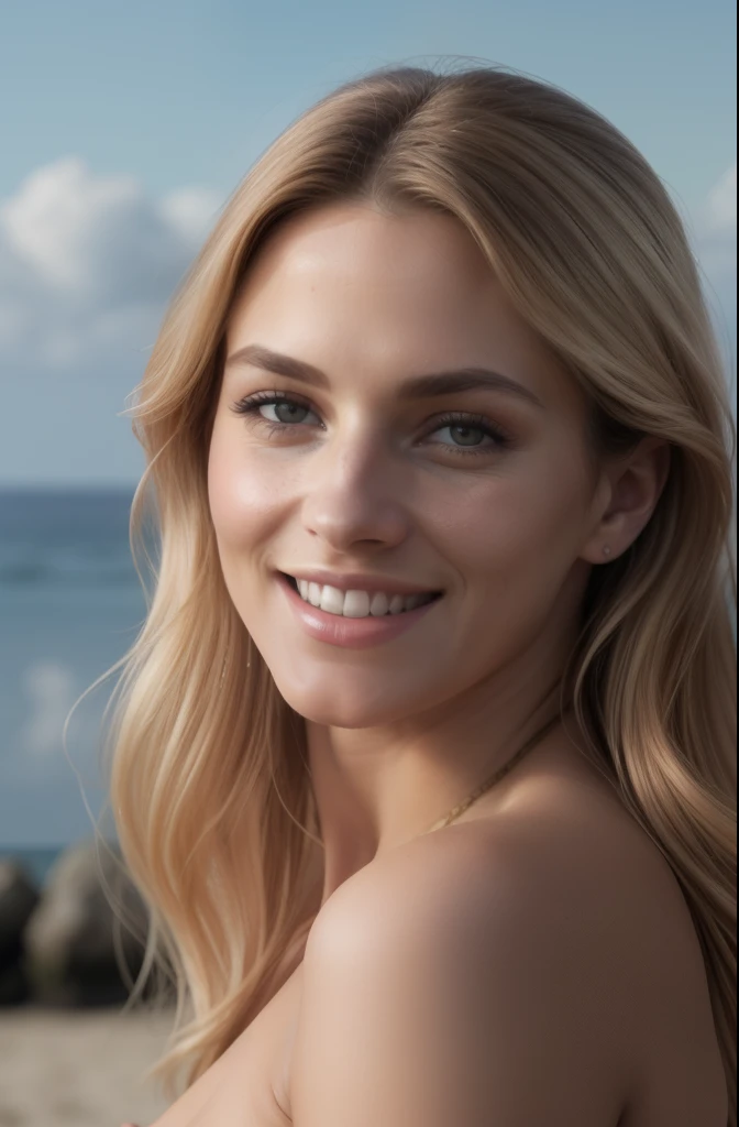 solo, photorealistic, wide shot, best quality, hyper detailed, 25 years old Circasssian woman, (((mature-looking face))), high detailed skin texture and pores, high detailed deep wrinkles, (((wavy long blonde hair))), (((Circassian face))), sexy body, she takes a selfie on a beach at sunset, the wind blowing through her messy hair. The sea stretches out behind her,lighthouse,Coastal , creating a stunning aesthetic and atmosphere 35 mm lens, accent lighting, global illumination