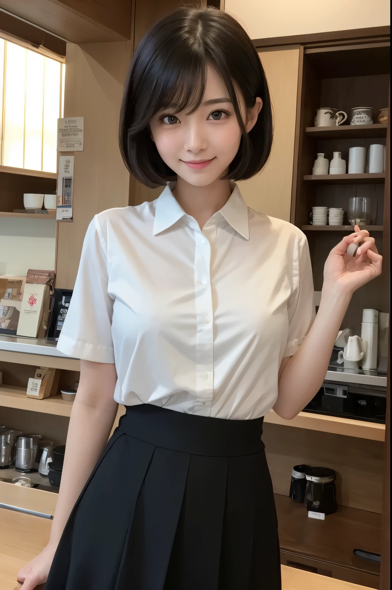 Yumi Hiromi, Photos of sexy women in Japan, Japan ,  Big,  Photos of Japan, , 1girl in, 独奏, shorth hair, with arms up, A smile, dark brown eyes, (完璧な光沢のあるshinny skin:1.3), (1girl in), 独奏, (8K, Raw photography, 最hightquality, ​masterpiece:1.2), (Photorealsitic:1.37), (Exquisitely detailed), Ultras_Color, (realisitic), hightquality, ultra-detailliert, (realisiticな肌), (intricate-detail), (Dramatic_light), (Beautiful_Detailed_light), lensflare, Ultras_Color, , Professonal lighting, photon maping, hight resolution, ighly detailed, lighting like a movie, (beautiful tBig eyes)、Green_Eyes, cute  face, red blush顔, lightsmile, High Nose Bridge, [:(详细的脸:1.2):0.2]、shinny eyes、(pureerosface_v1:0.2), (ulzzang-6500:0.8)、(a 20 years old beautiful Japanese woman)、(A perfectly proportioned face)、(lofty nose)、Beautiful composition、(slim)、de pele branca、(Cute)、、nice hand、perfect hand、((Stand in a café))、(large full breasts)、looking at the viewers、steaming body、(shinny skin)、(A smile:1.1)、red blush, (Best Quality, 8K, 32K, :1.2),Cute Japan woman in her 20s,((short-hair))(Cafe Clerk)((Collared shirt))(Long skirt with high waist)(Black stockings)(Narrow thighs)