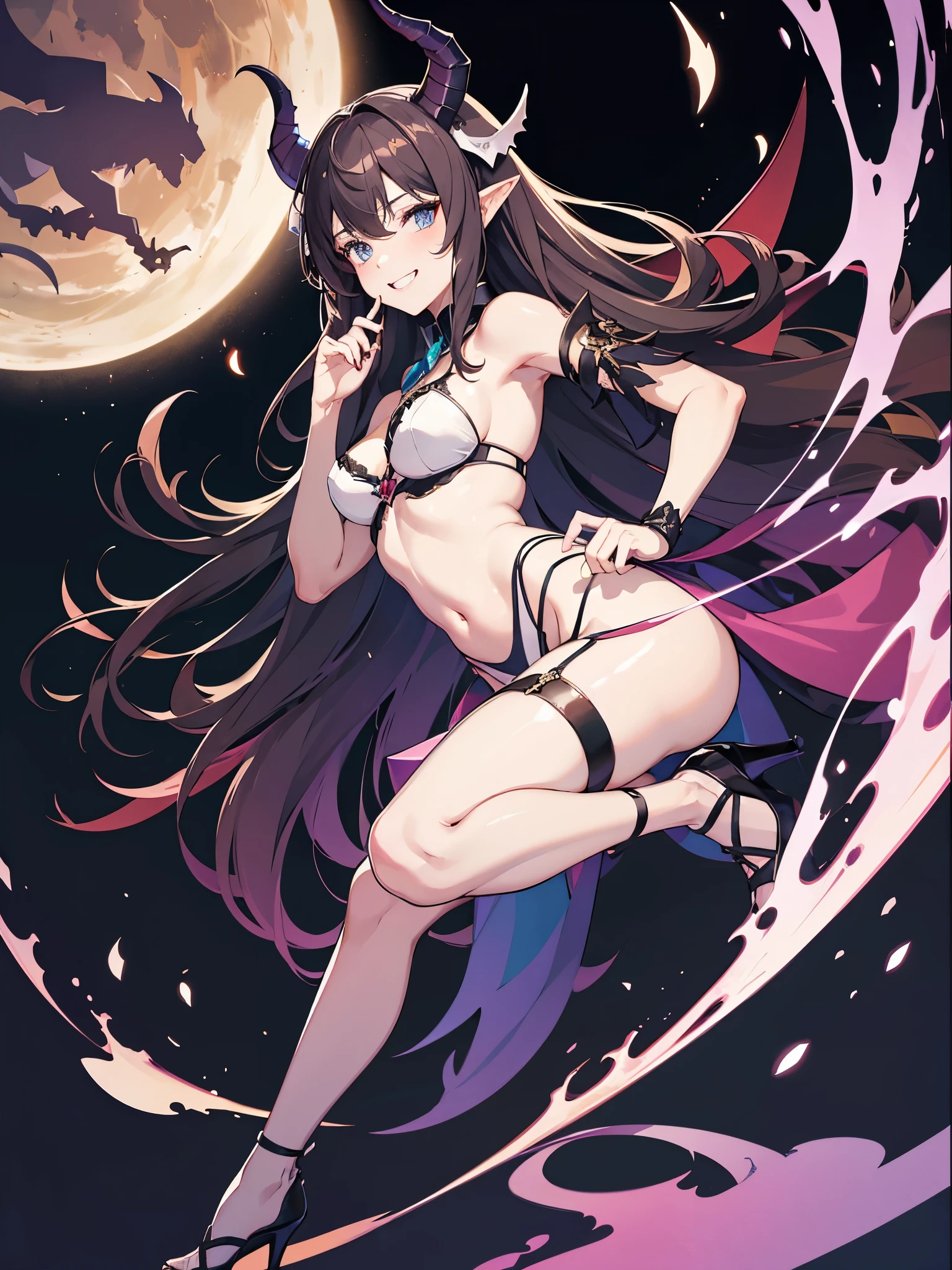 full body shot shot,portrait,solo person,a beauty girl,Hair over the shoulder,succubi,Happy,pointy ears,goat horn,high-heels,Put your hand to your mouth,Crossed waist with one hand,Whitish skin tone,Bow collar,比基尼,grin,Magic pupil,a garter belt,The demons,The demons翅膀,Bat wings growing on the back,Crop topping,Sexy dressing,underwear