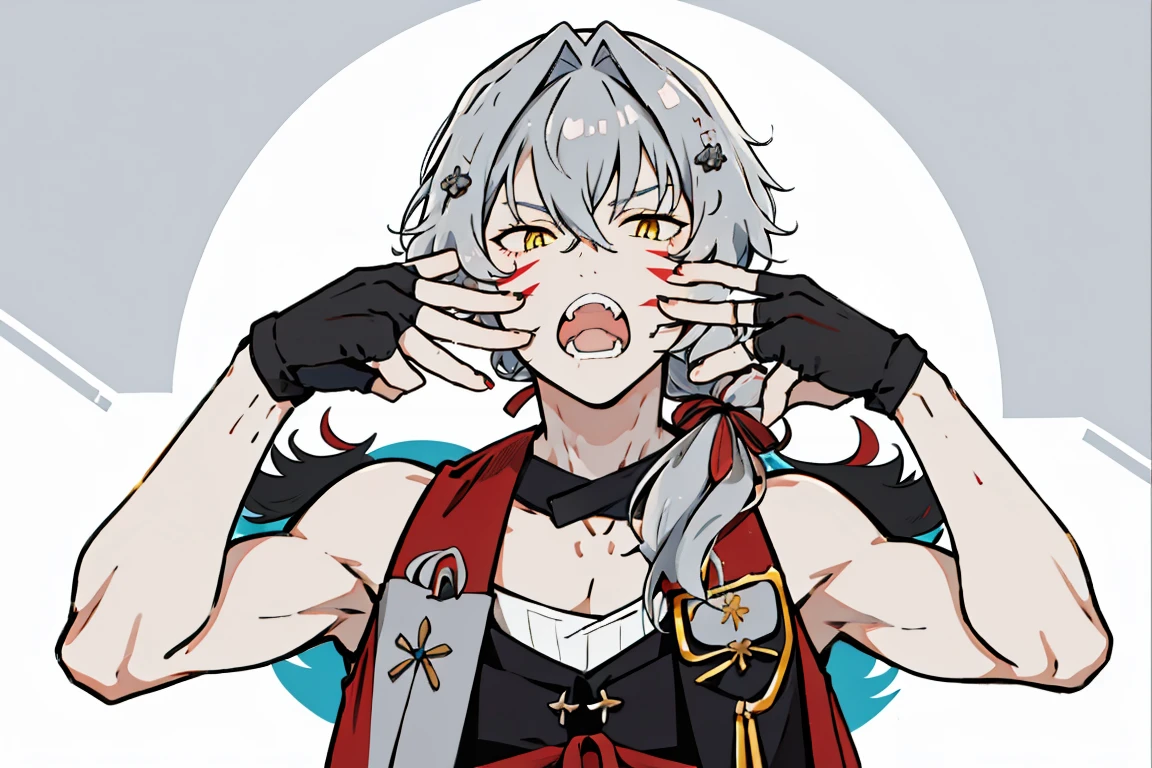 kizaki ren\(side-m\), solo, looking at viewer, long hair, bangs, ribbon, hair ribbon, yellow eyes, low ponytail, grey hair, female focus, gloves, open vest, red vest, teeth, fingerless gloves, bandages, sarashi, chest sarashi, sleeveless, choker, bare shoulders, animal, 1girl, open mouth, hair ornament, upper body, black gloves, nail polish, fangs, facial mark, bandaid on arm, saliva