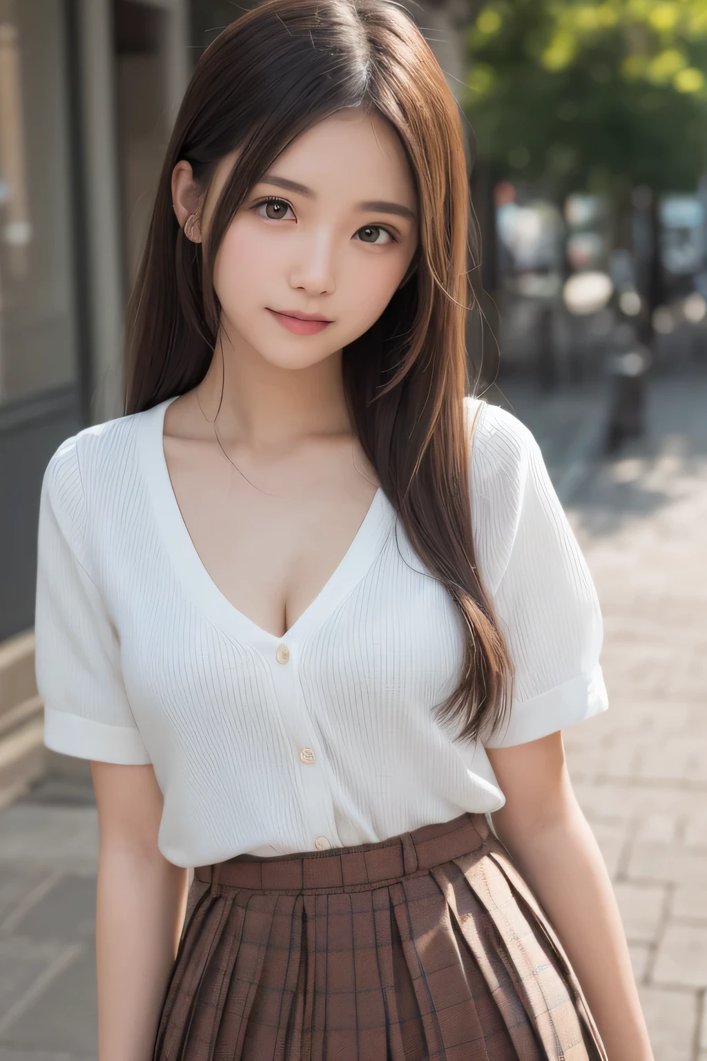 Smile、natta、Raw photography、(((Ultimate Beauty Portrait)))、((glistning skin))、女の子1人、15 year old beautiful girl in Prague、bright expression、((brown haired))、(cleavage of the breast)、(Plaid pleated skirt:1.5)、((Big eyes that shine like jewels))、open cardigan、Open your clothes、panthyhose、Glossy glossy skin、(Medium Hair)、(Silky Ponytail Hair)、(is standing)、(frombelow)、Under the skirt、Under the skirt、(frombelow下着の接写)、eye liner、Beautiful bangs、Hair between the eyes、((​masterpiece、最hightquality、ultra-detailliert、Film Light、intricate-detail、hight resolution、ighly detailed))、细致背景、8KUHD、Digital SLR、Soft light、hightquality、Film grain、FujifilmXT3 、Shallow depth of field、natural soft light、Kamimei、Lush bust