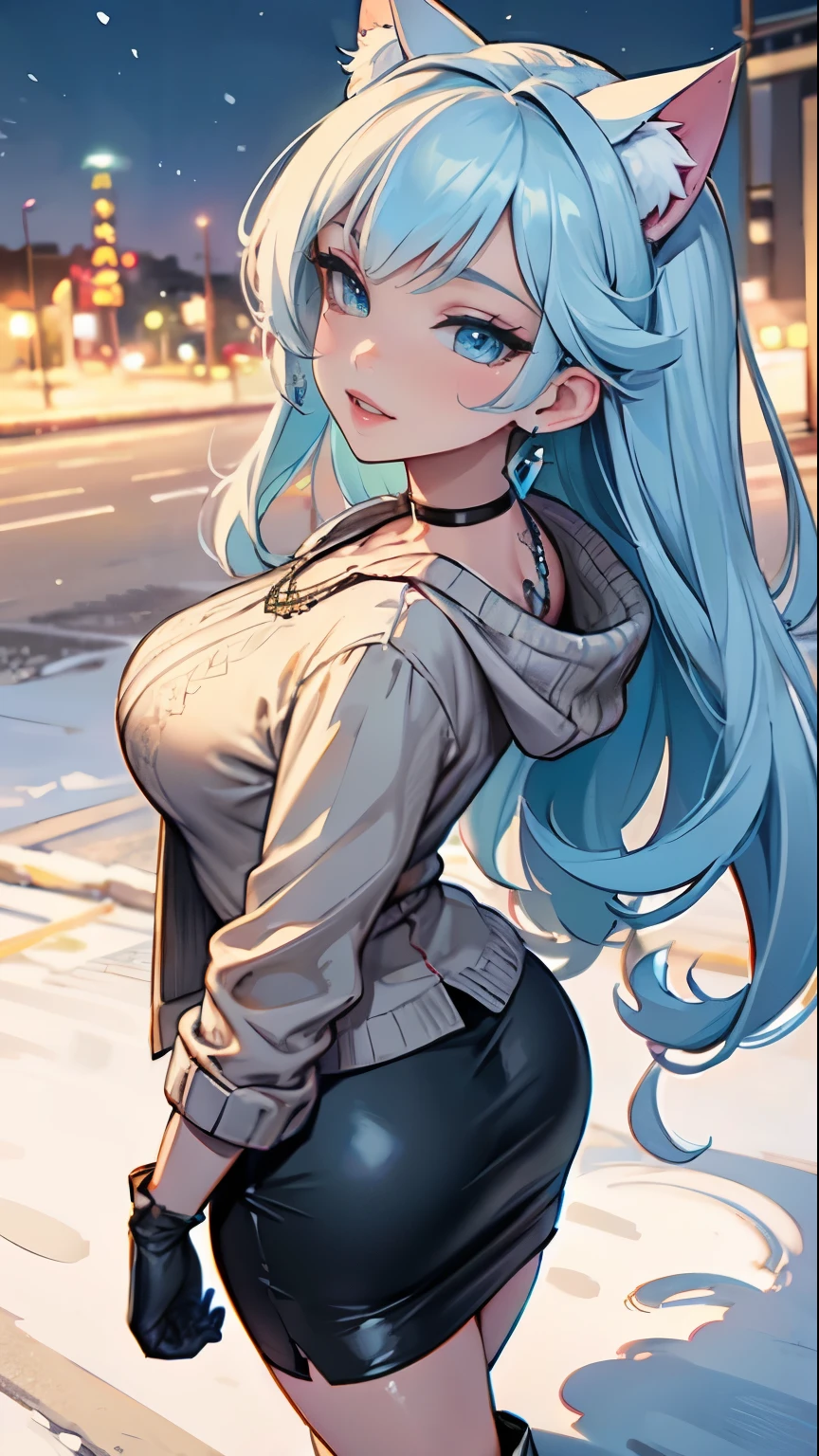Masterpiece, beautiful art, professional artist, 8k, art style by sciamano240, very detailed face, very detailed hair, very detailed clothes, 1girl, perfectly drawn body, beautiful face, long hair, light blue hair , very detailed blue vertical cat eyes, square glasses, pouty lips , rosey cheeks, intricate details in eyes, extreme close up of face, see only head and neck, staring directly at viewer, wearing elegant winter clothes, sweater, winter coat, necklace, choker, earrings, gloves, pencil skirt, black tigh boots, wedding ring, big wide grin, in love with the viewer expression, sunny winter setting, walking outside, rear view,