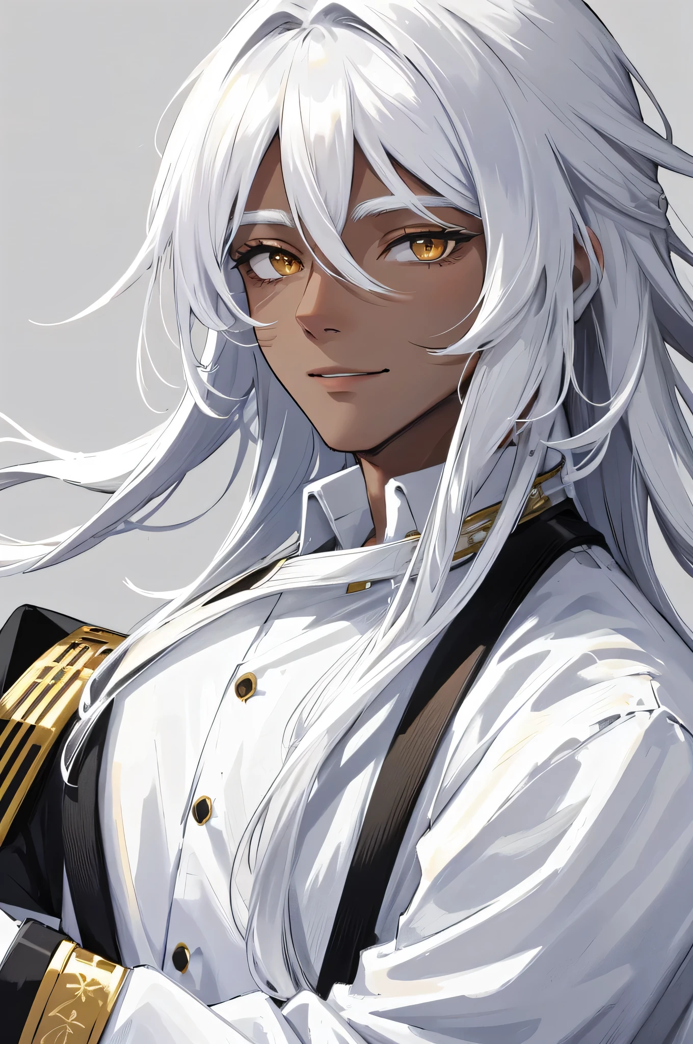 1male, dark skin, golden eyes, white colored hair, hairlong, white shirt, ssmile, portraite of a, Dark background, adult man