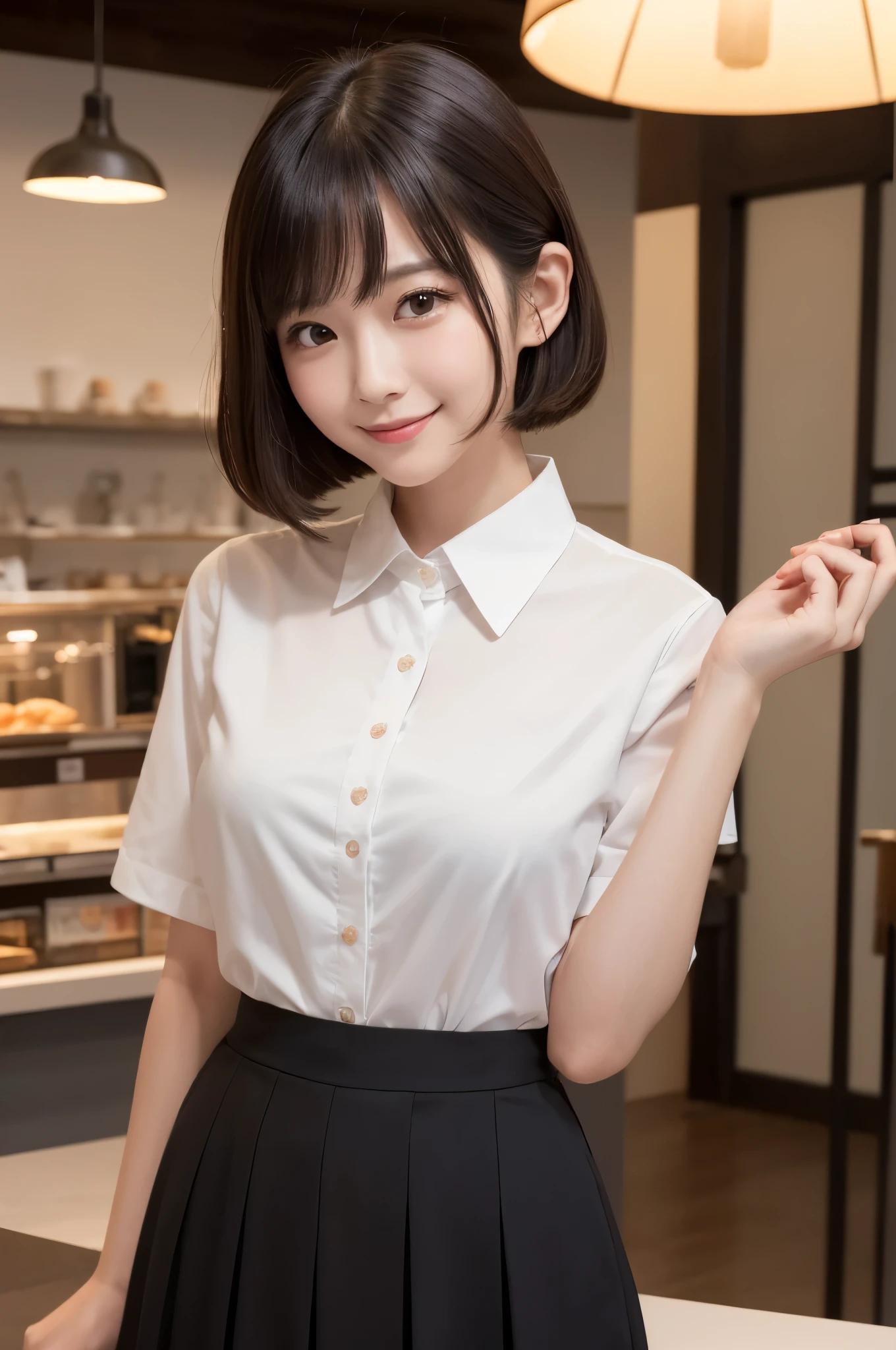 Yumi Hiromi, Photos of sexy women in Japan, Japan ,    Photos of Japan, , 1girl in, 独奏,Long, with arms up, A smile, dark brown eyes, (完璧な光沢のあるshinny skin:1.3), (1girl in), 独奏, (8K, Raw photography, 最hightquality, ​masterpiece:1.2), (Photorealsitic:1.37), (Exquisitely detailed), Ultras_Color, (realisitic), hightquality, ultra-detailliert, (realisiticな肌), (intricate-detail), (Dramatic_light), (Beautiful_Detailed_light), lensflare, Ultras_Color, , Professonal lighting, photon maping, hight resolution, ighly detailed, lighting like a movie, cute  face, red blush顔, lightsmile, High Nose Bridge, [:(详细的脸:1.2):0.2]、shinny eyes、(pureerosface_v1:0.2), (ulzzang-6500:0.8)、(a 20 years old beautiful Japanese woman)、(A perfectly proportioned face)、(lofty nose)、Beautiful composition、(slim)、de pele branca、(Cute)、、nice hand、perfect hand、((Stand in a café))、looking at the viewers、steaming body、(shinny skin)、(A smile:1.1)、red blush, (Best Quality, 8K, 32K, :1.2),Cute Japan woman in her 20s,(Cafe Clerk)((Collared shirt))(Long skirt with high waist)(Black stockings)(Narrow thighs)