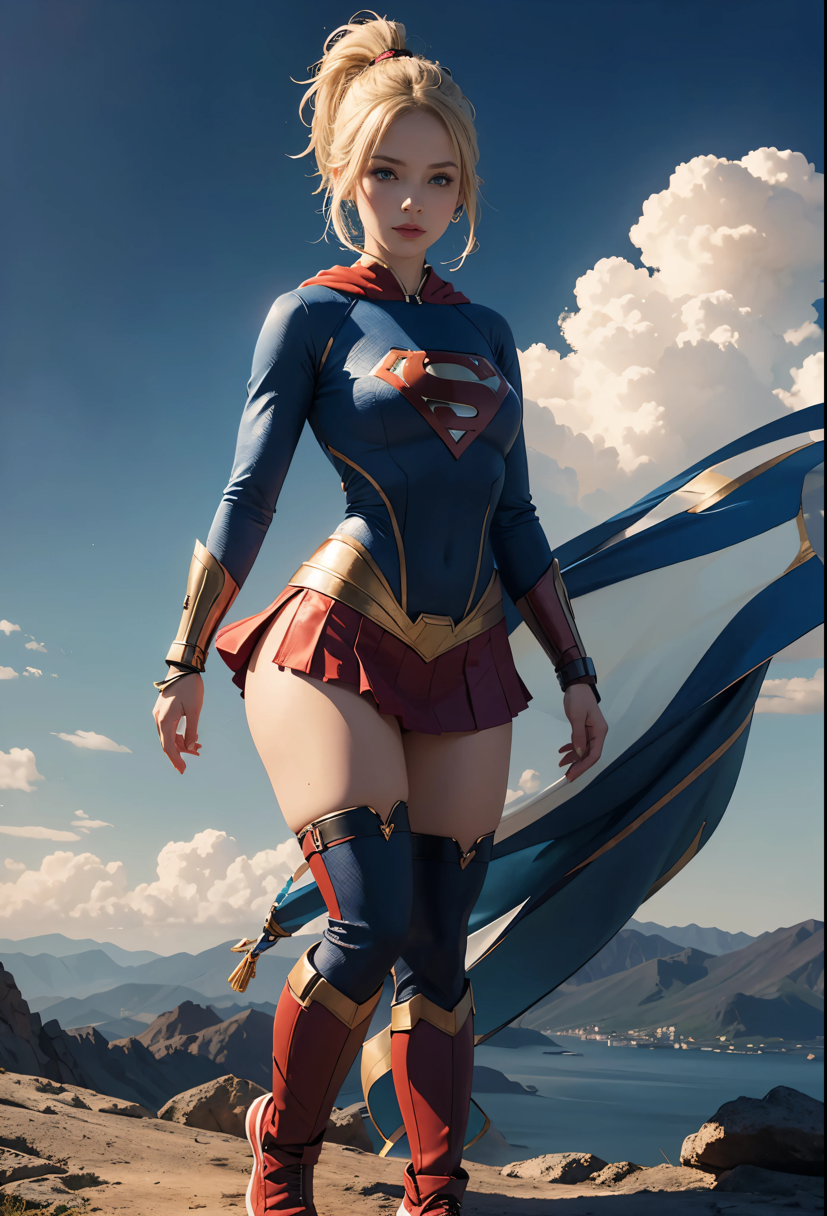 4k, realistic, charismatic, very detailed, there is a girl in the sky, dressed in a super girl costume, she is a super girl, superhero theme, blonde short hair, ponytail, 20 years, full body, (detail in the eyes), (detail in the face), incredibly beautiful, blue eyes, blush, makeup, red lipstick, miniskirt, (wide hips), (thick thighs), small breasts, dress,, seductive pose, (extreme hourglass figure), thin, svelte, white skirt, boots, tight t-shirt