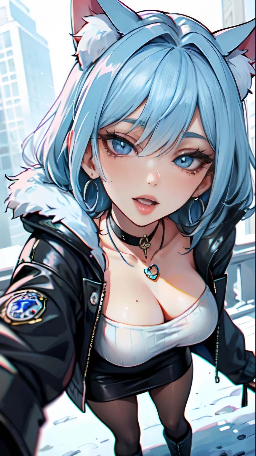 Masterpiece, beautiful art, professional artist, 8k, art style by sciamano240, very detailed face, very detailed hair, very detailed clothes, 1girl, perfectly drawn body, beautiful face, long hair, light blue hair , very detailed blue vertical cat eyes, square glasses, pouty lips , rosey cheeks, intricate details in eyes, extreme close up of face, see only head and neck, staring directly at viewer, wearing winter clothes, sweater, winter coat, necklace, choker, earrings, gloves, pencil skirt, black tigh boots, some freckles, big wide grin, in love with the viewer expression, sunny winter setting, walking outside, pov mouth open and tongue out,