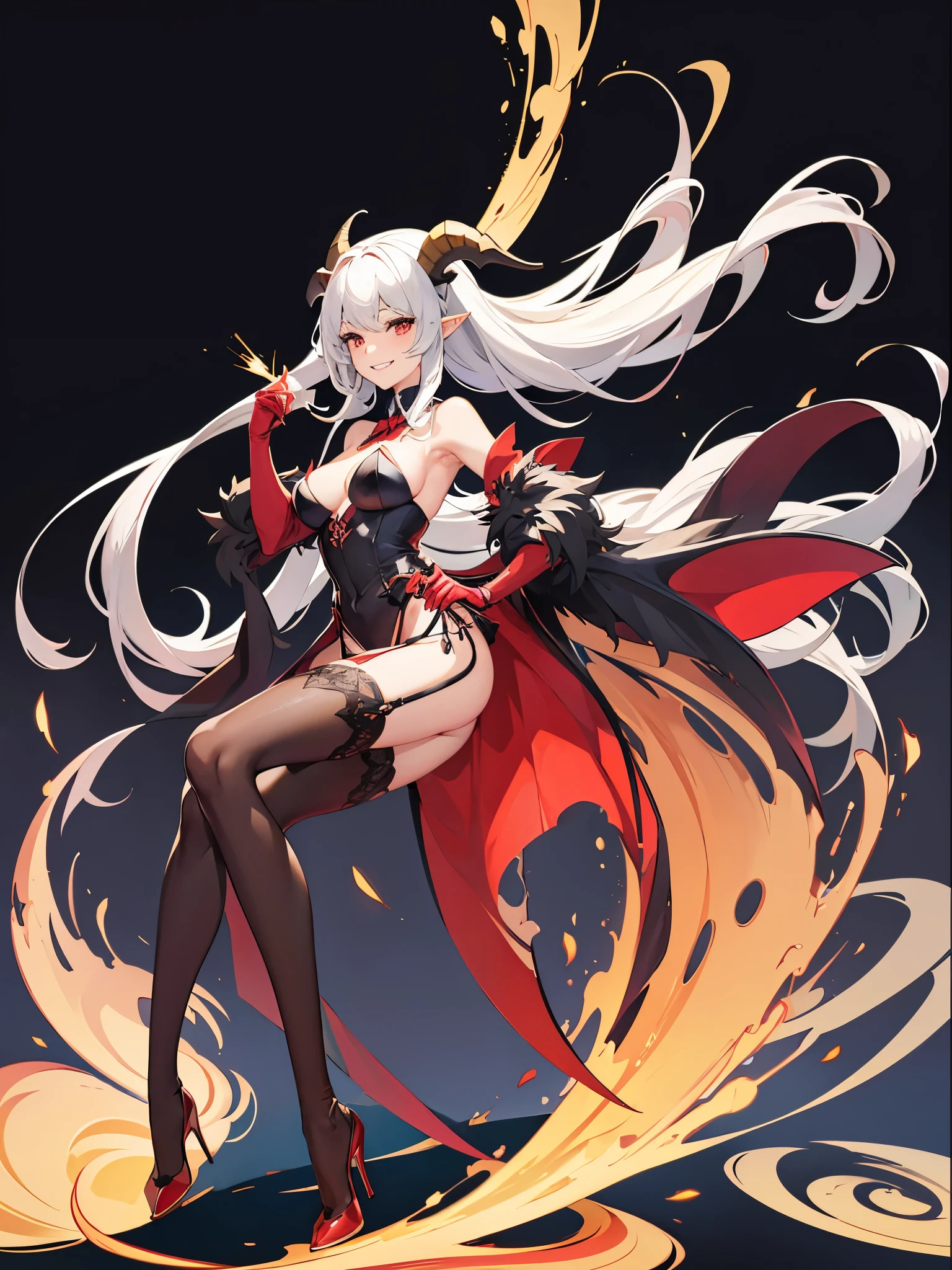 full body shot shot,portrait,solo person,a beauty girl,Hair over the shoulder,succubi,Happy,pointy ears,goat horn,high-heels,Put your hand to your mouth,Crossed waist with one hand,Whitish skin tone,Bow collar,比基尼,grin,Magic pupil,a garter belt,The demons,The demons翅膀,Bat wings growing on the back,Crop topping,Sexy dressing,underwear