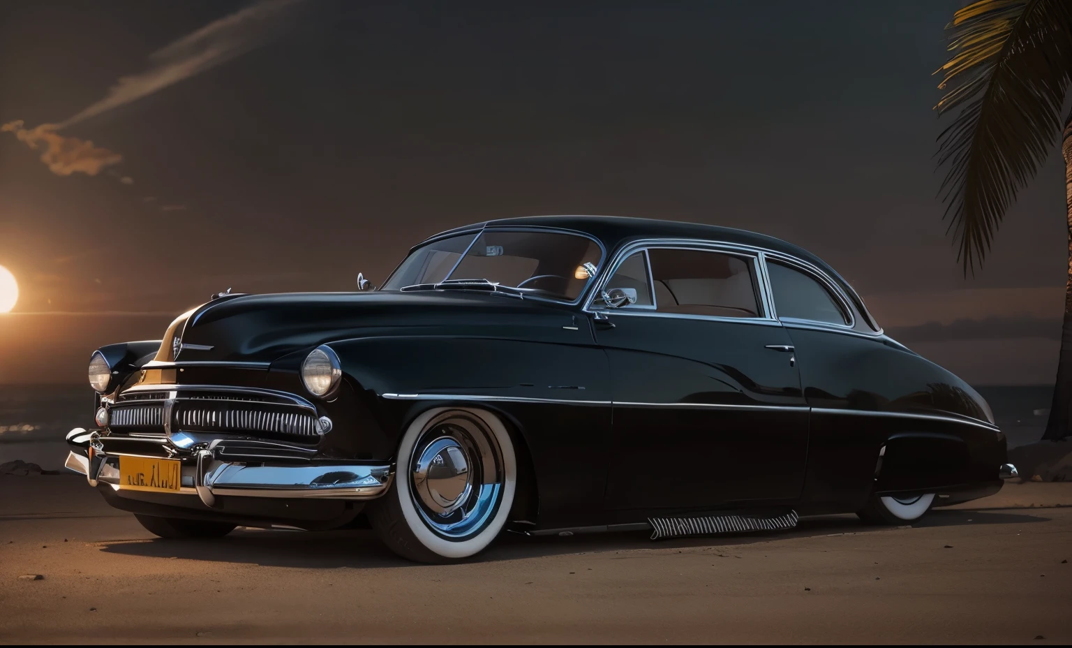 Imponente Mercury 49 preto Show Car, enormes rodas BBS, Ridiculously low posture parked near palm trees and beautiful mansions with oceanfront balconies with the sun shining and reflecting everywhere and on the yachts in the background in sunny California