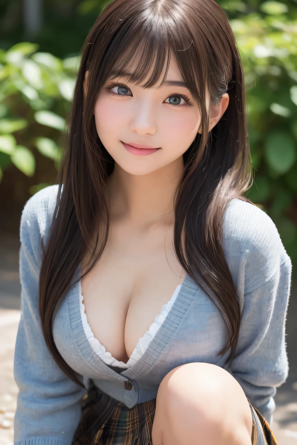Smile、natta、Raw photography、(((Ultimate Beauty Portrait)))、((glistning skin))、1人、15 year old beautiful girl in Prague、bright expression、((brown haired))、(cleavage of the breast)、(Plaid pleated skirt:1.5)、((Big eyes that shine like jewels))、open cardigan、Open your clothes、panthyhose、Glossy glossy skin、(Medium Hair)、(Silky Ponytail Hair)、(is standing)、(frombelow)、Under the skirt、Under the skirt、(frombelow下着の接写)、eye liner、Beautiful bangs、Hair between the eyes、((masterpiece、最hightquality、ultra-detailliert、Film Light、intricate-detail、hight resolution、ighly detailed))、细致背景、8KUHD、Digital SLR、Soft light、hightquality、Film grain、FujifilmXT3 、Shallow depth of field、natural soft light、Kamimei、Lush bust、Squatting