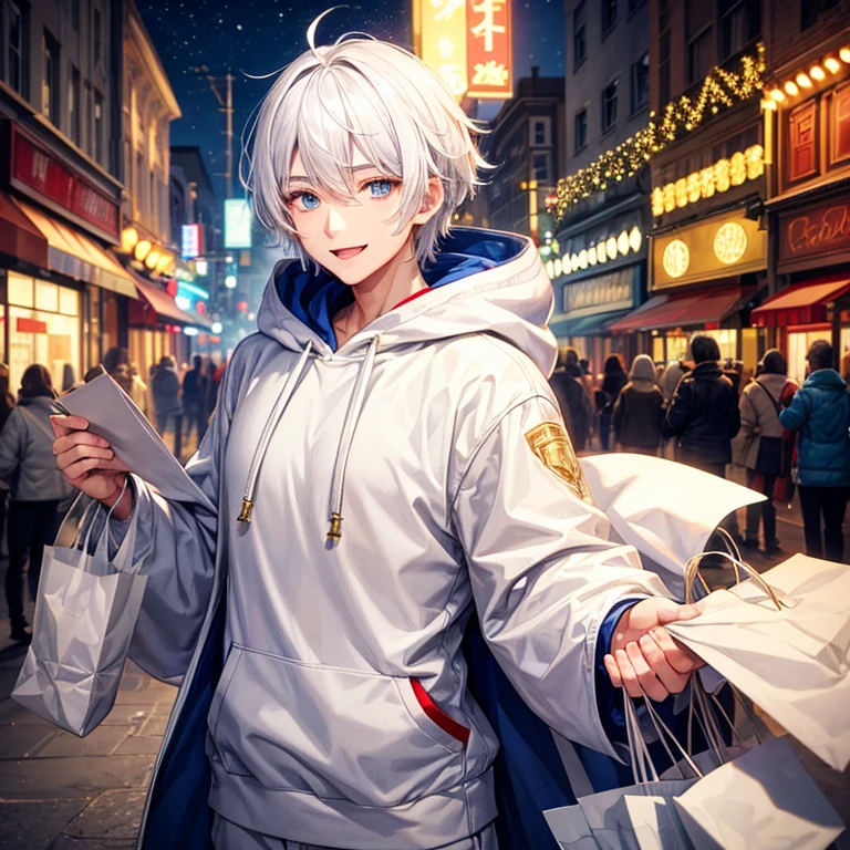 1人,male people, White hair, Eyes are brown, upper part of body,street,Christmas,illuminations,White hoodie,trouser,paper bag high detail, High resolution, Solid color background,huge smile
