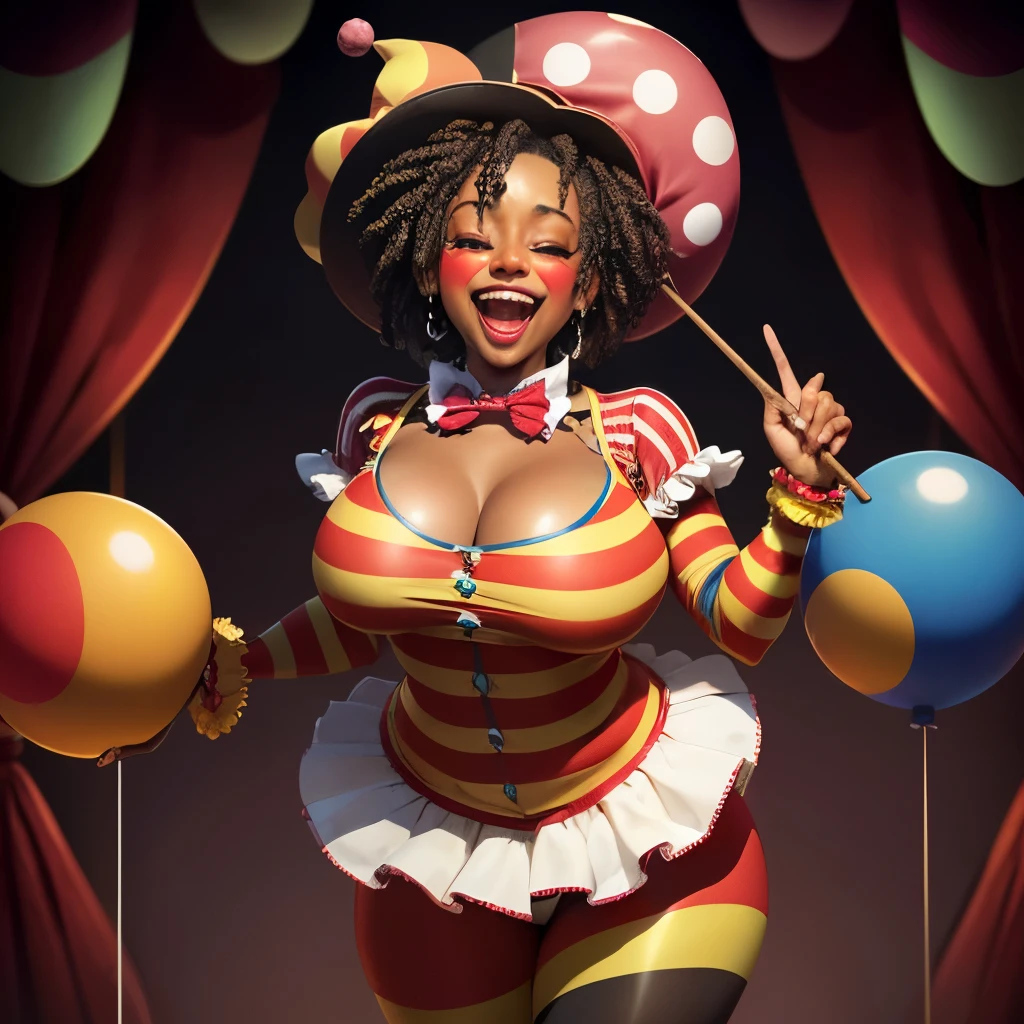 (Ebony), clown, (eyes closed), laughing, sexy, thicc, circus, magic
